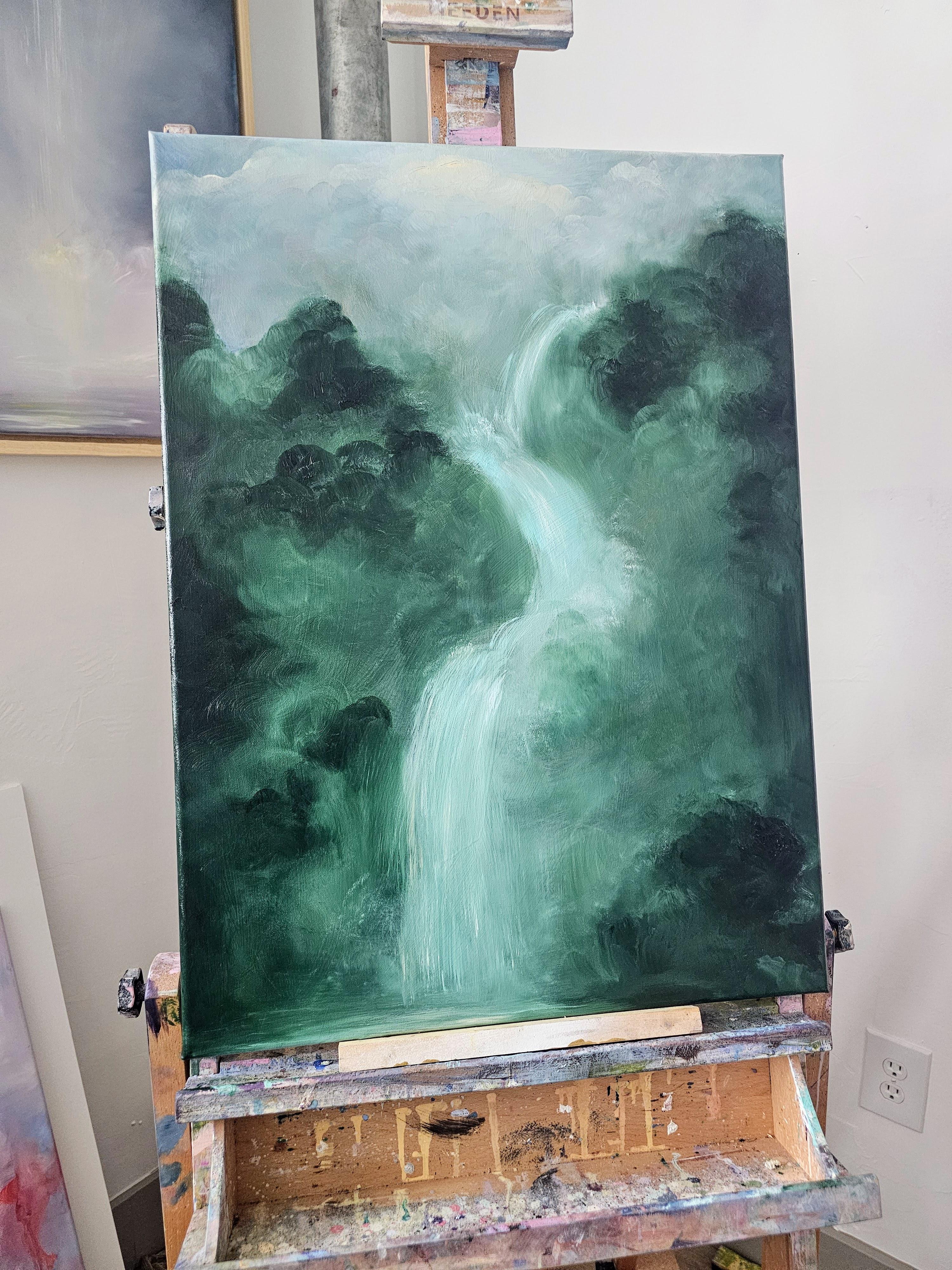 Lo que el agua me dio - Pintura verde abstracta de paisaje en cascada en venta 2