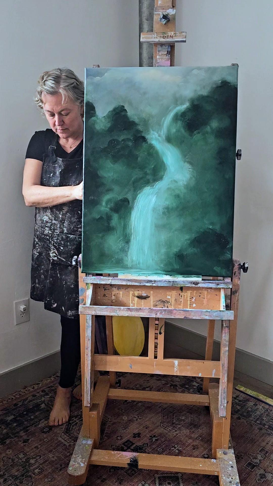 Lo que el agua me dio - Pintura verde abstracta de paisaje en cascada en venta 3