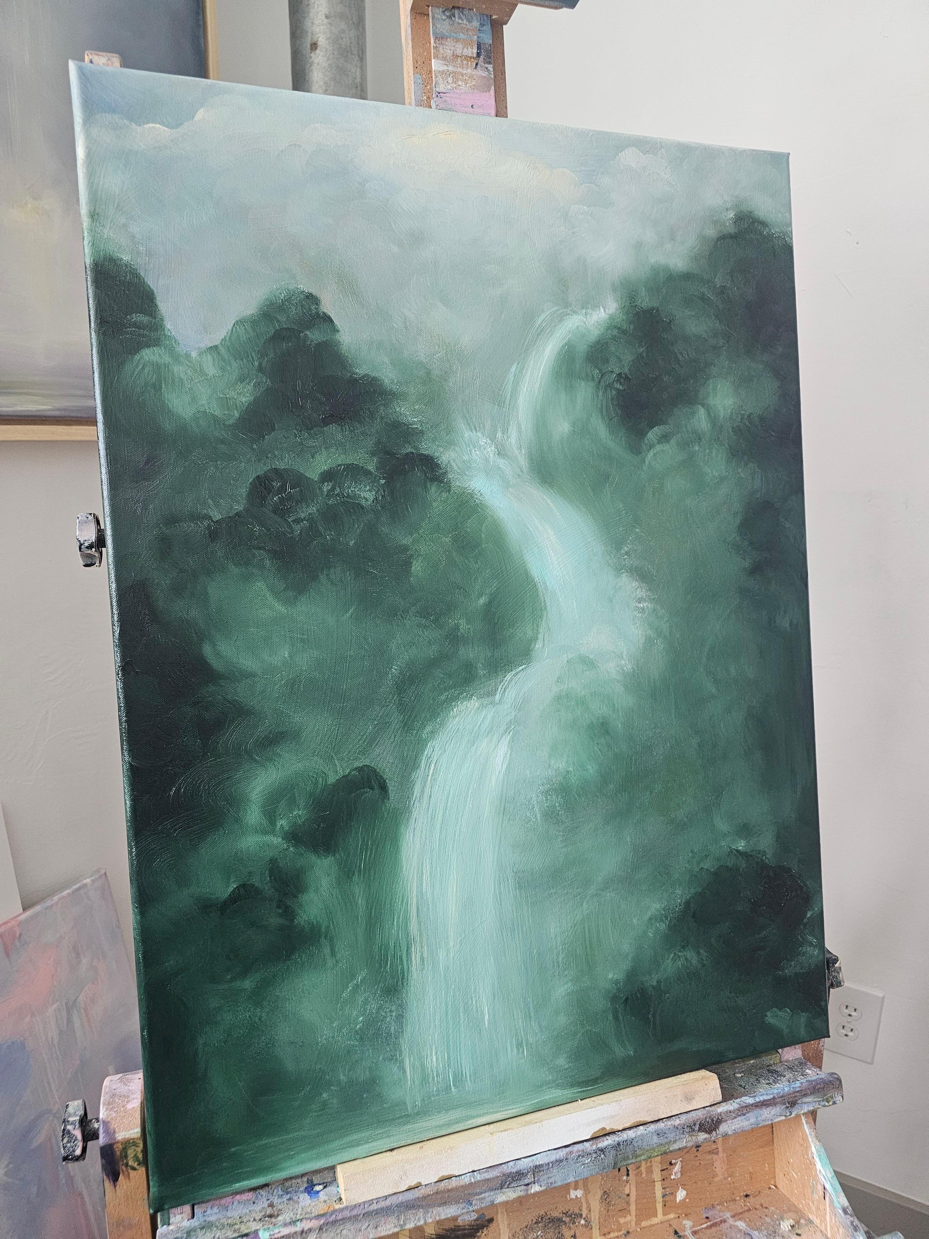 Lo que el agua me dio - Pintura verde abstracta de paisaje en cascada en venta 4