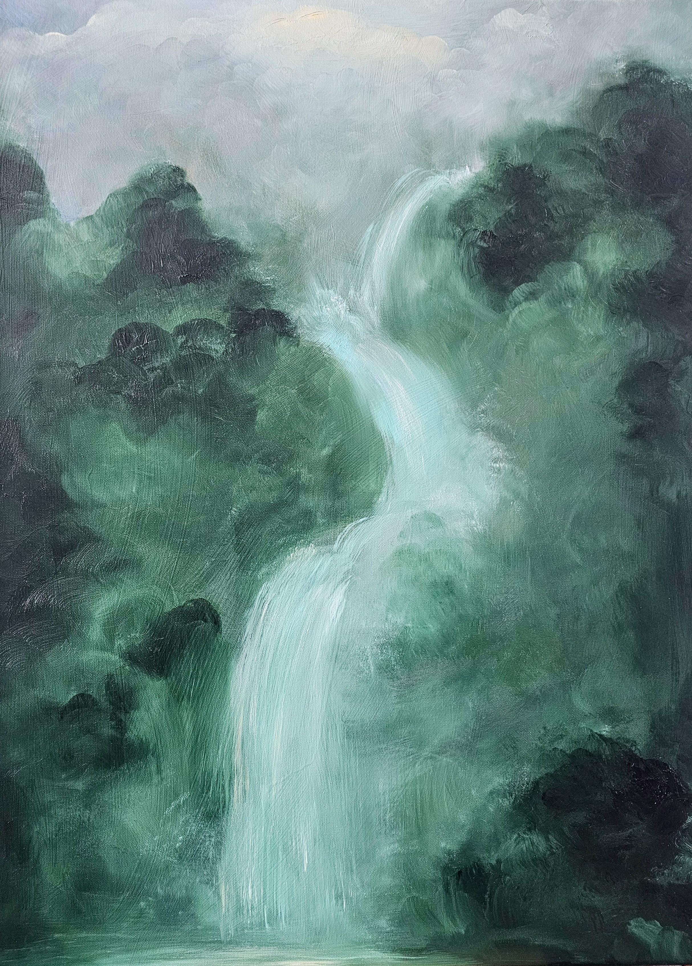 Lo que el agua me dio - Pintura verde abstracta de paisaje en cascada - Painting de Jennifer L. Baker