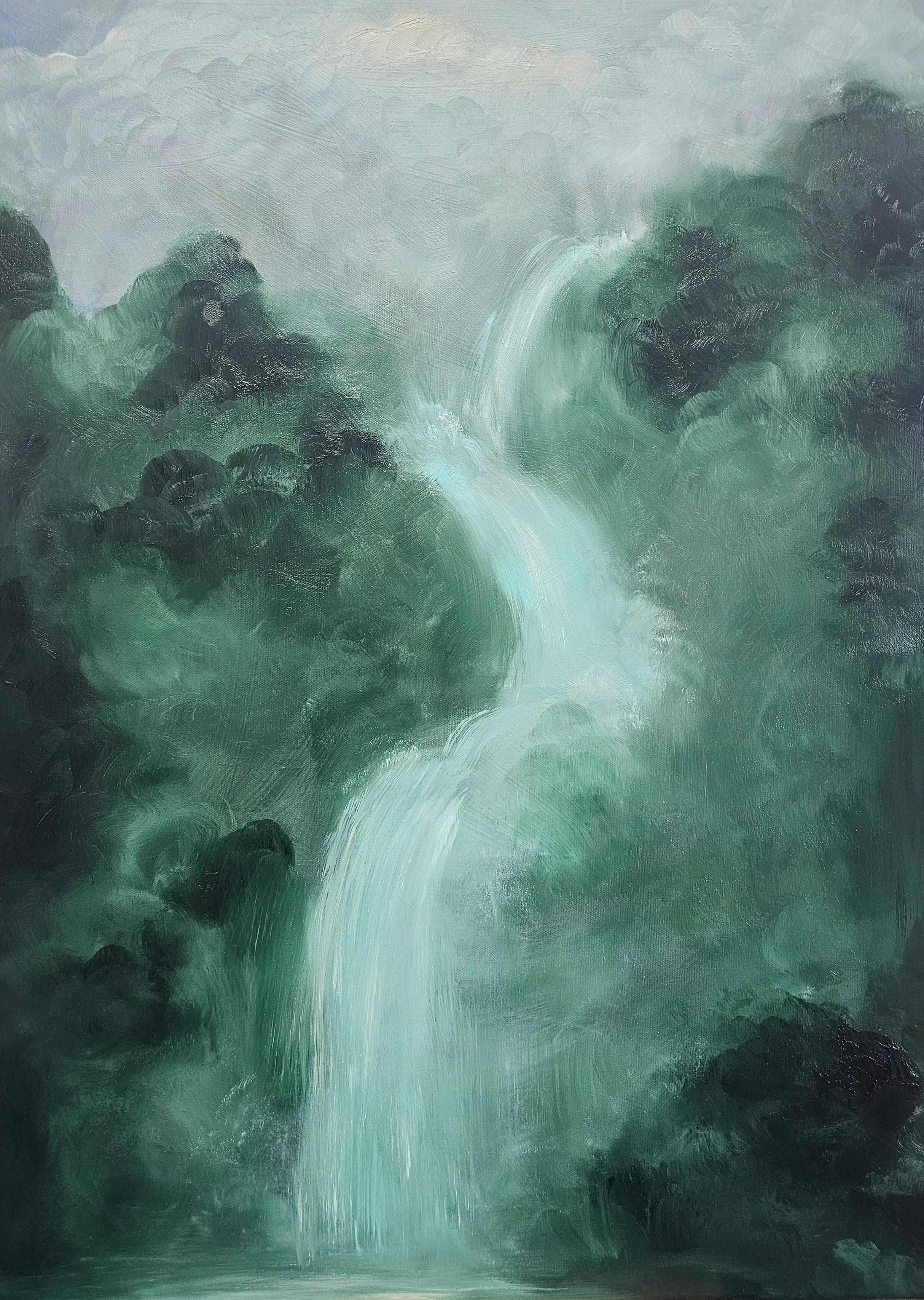 Abstract Painting de Jennifer L. Baker - Lo que el agua me dio - Pintura verde abstracta de paisaje en cascada