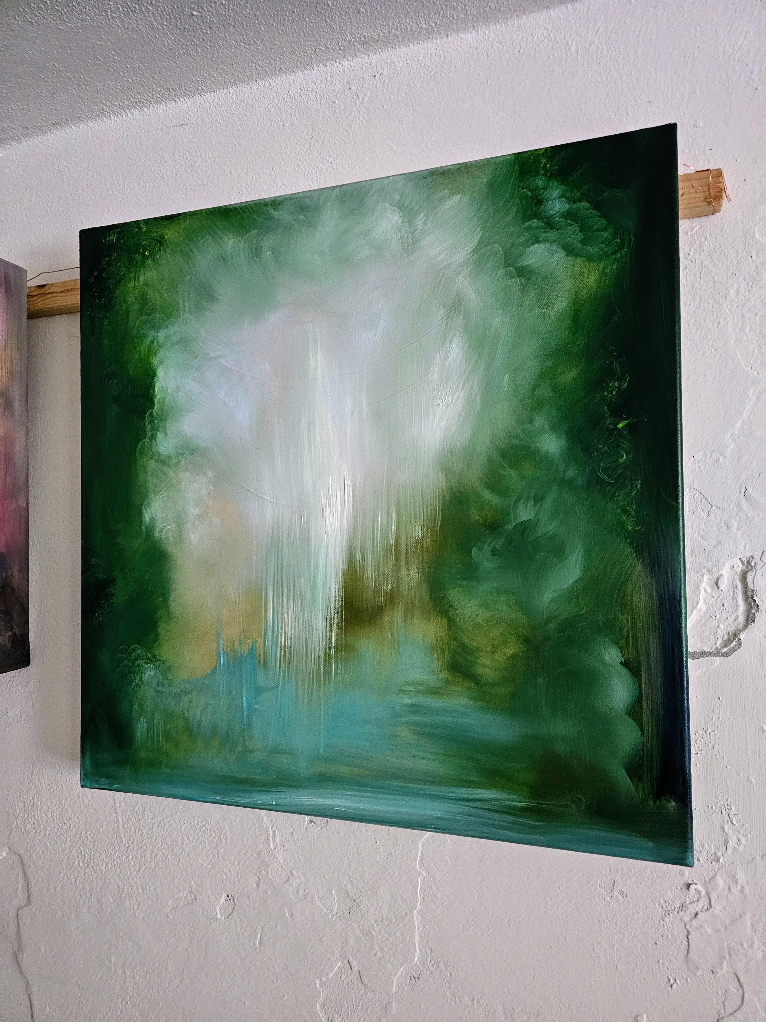 Donde pertenezco - Pintura verde vibrante paisaje abstracto río en venta 5