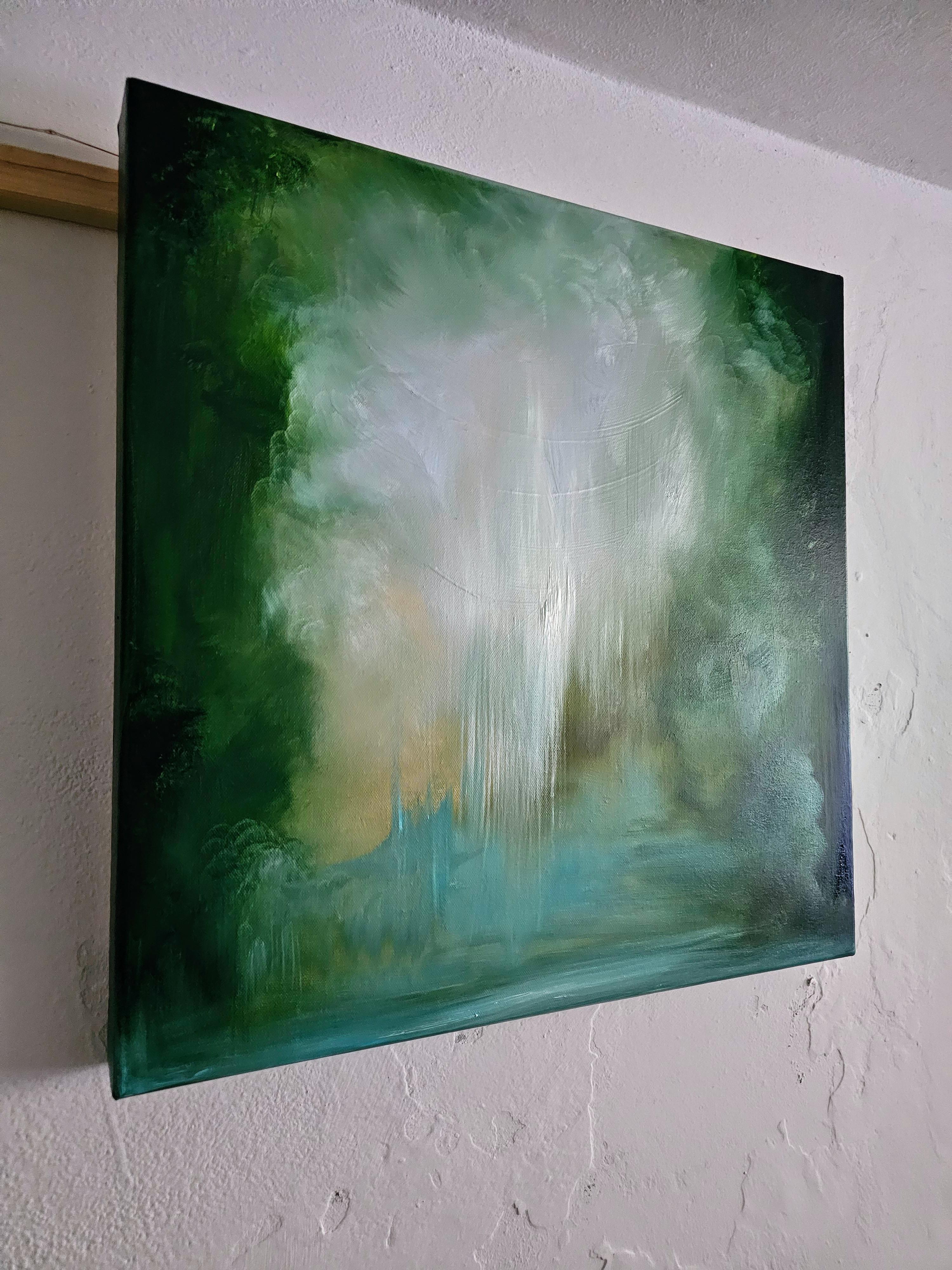 Donde pertenezco - Pintura verde vibrante paisaje abstracto río en venta 6