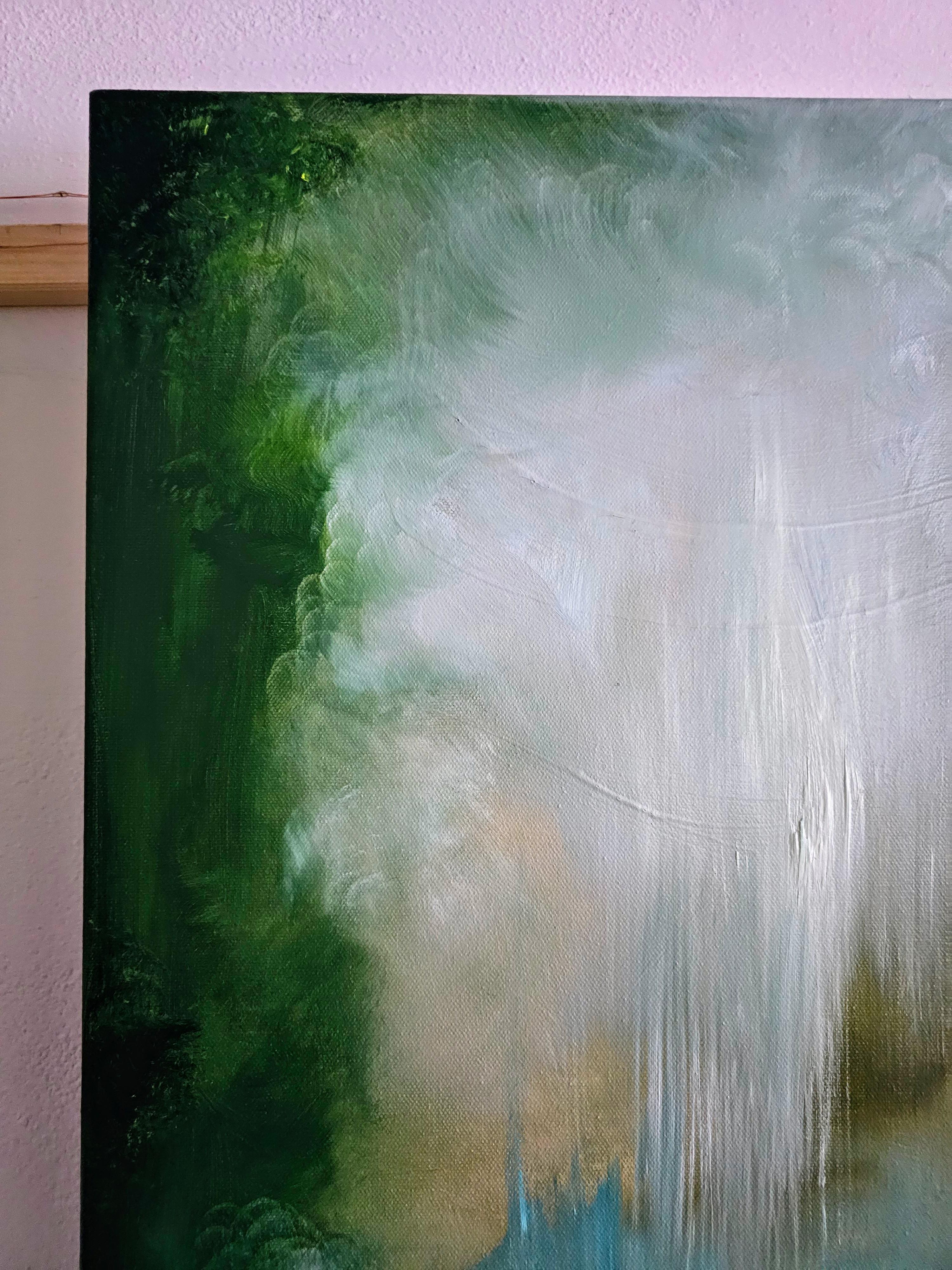 Donde pertenezco - Pintura verde vibrante paisaje abstracto río en venta 7