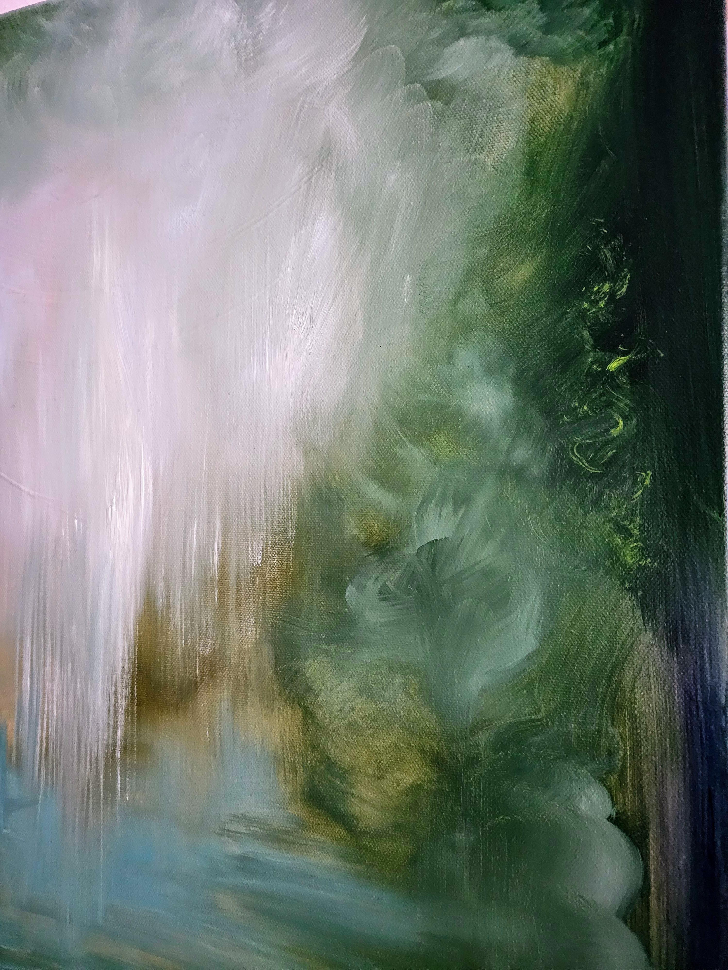 Donde pertenezco - Pintura verde vibrante paisaje abstracto río en venta 8