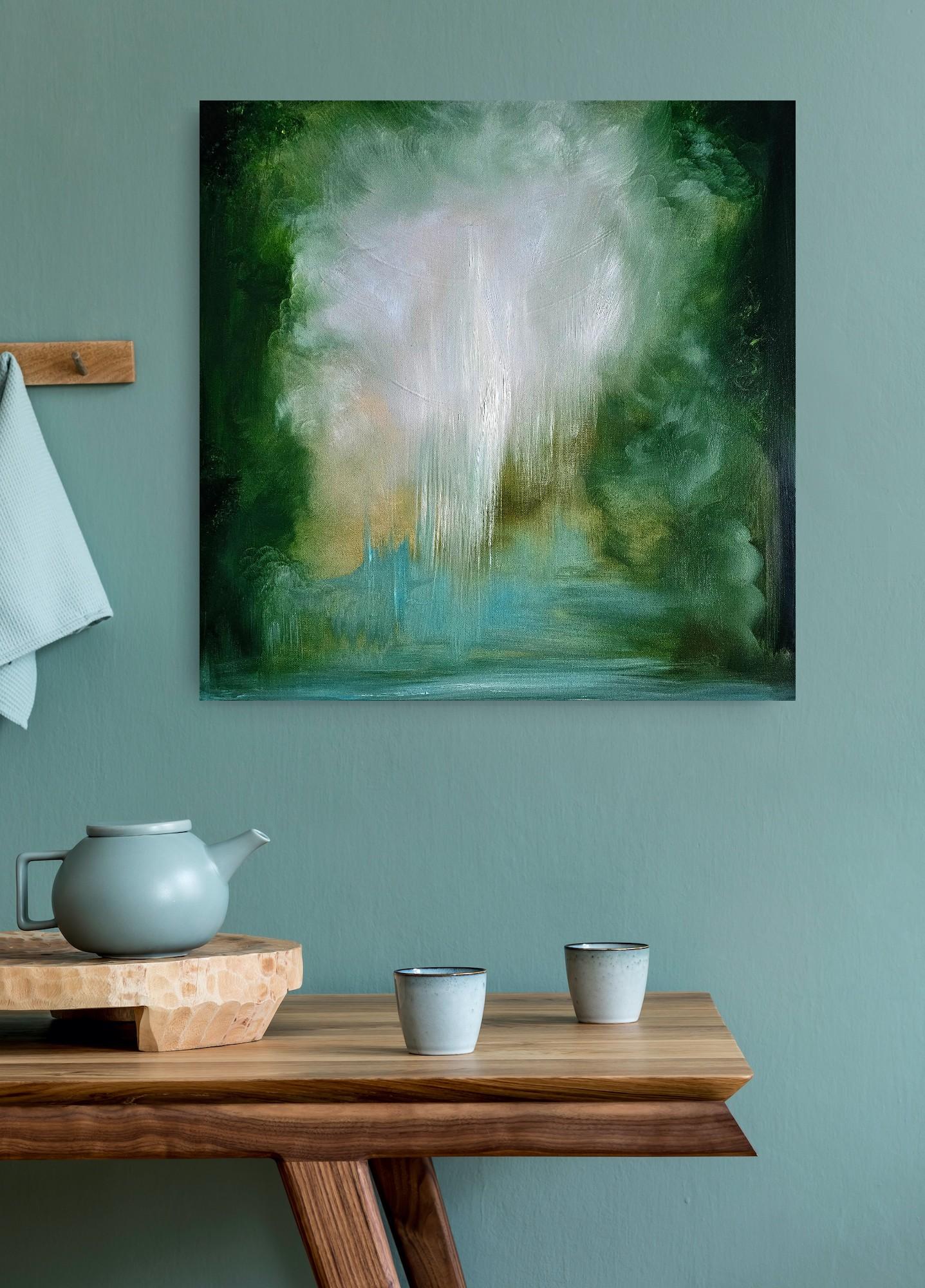 Donde pertenezco - Pintura verde vibrante paisaje abstracto río en venta 9