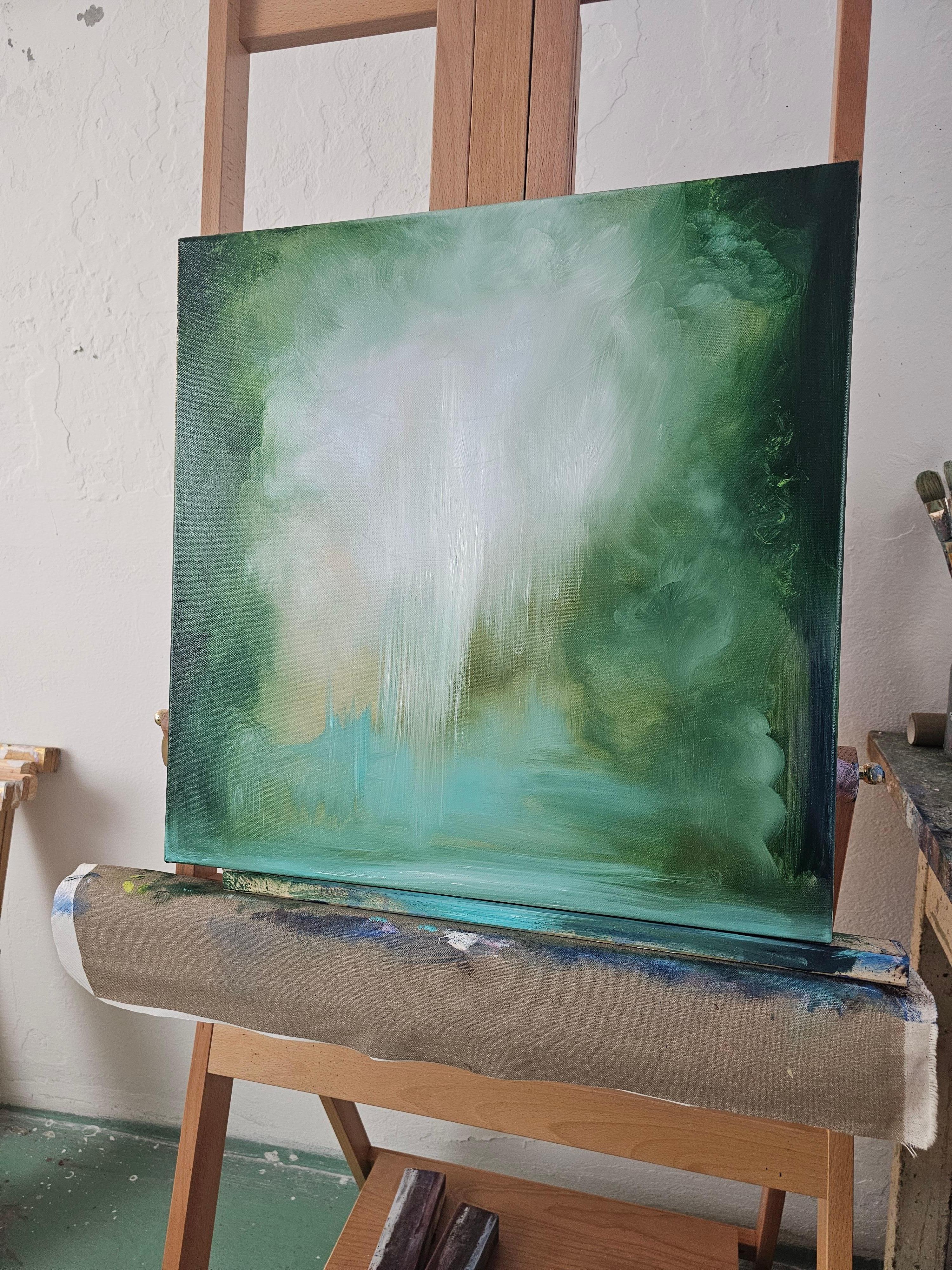 Donde pertenezco - Pintura verde vibrante paisaje abstracto río - Painting de Jennifer L. Baker