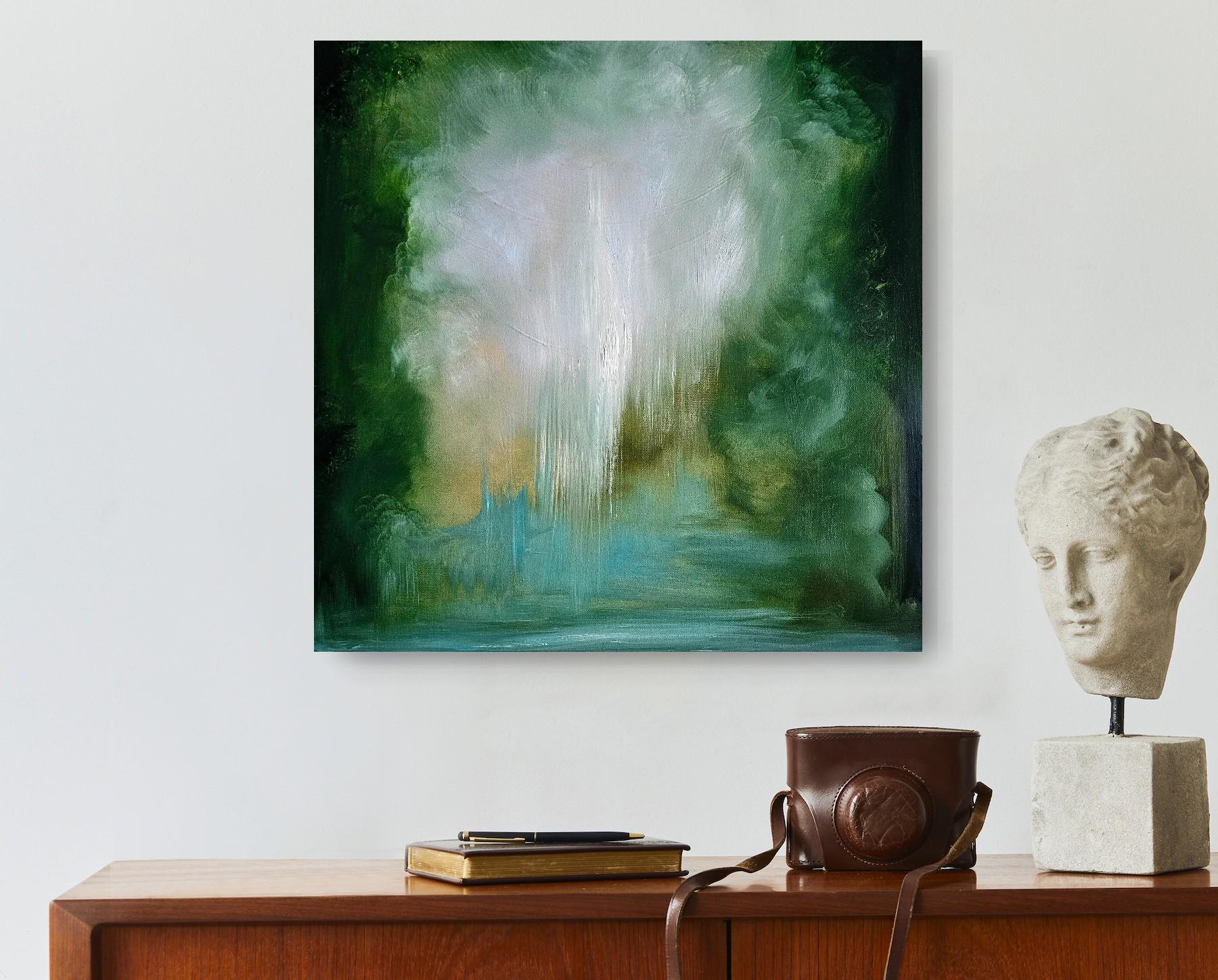 Donde pertenezco - Pintura verde vibrante paisaje abstracto río - Painting Contemporáneo de Jennifer L. Baker