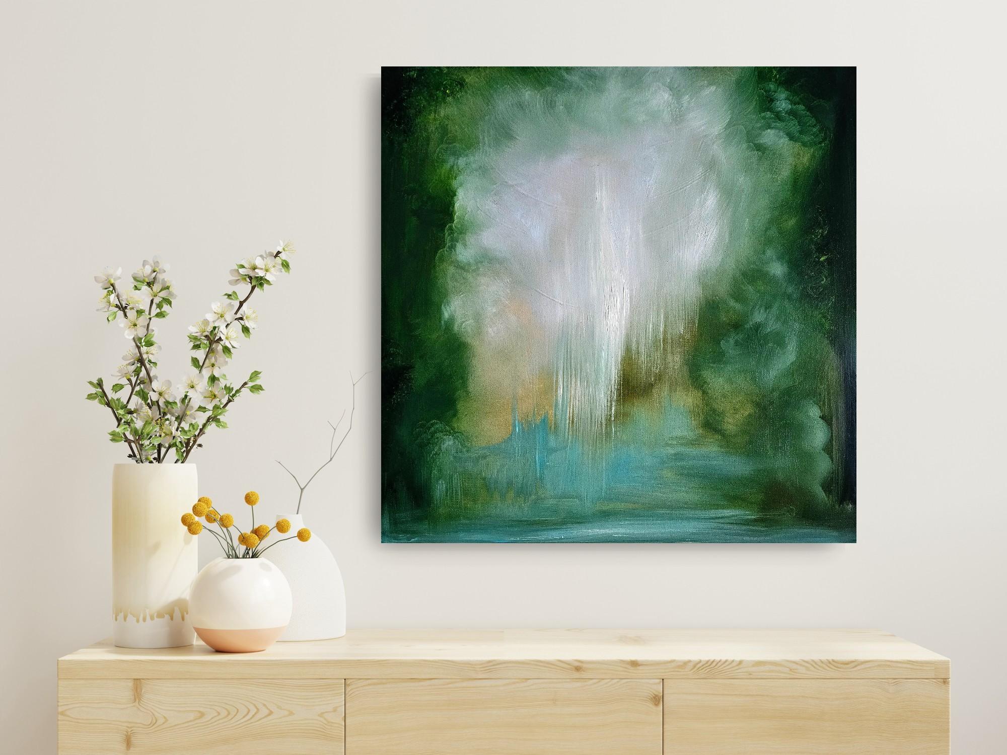 Donde pertenezco - Pintura verde vibrante paisaje abstracto río - Abstract Painting Verde de Jennifer L. Baker
