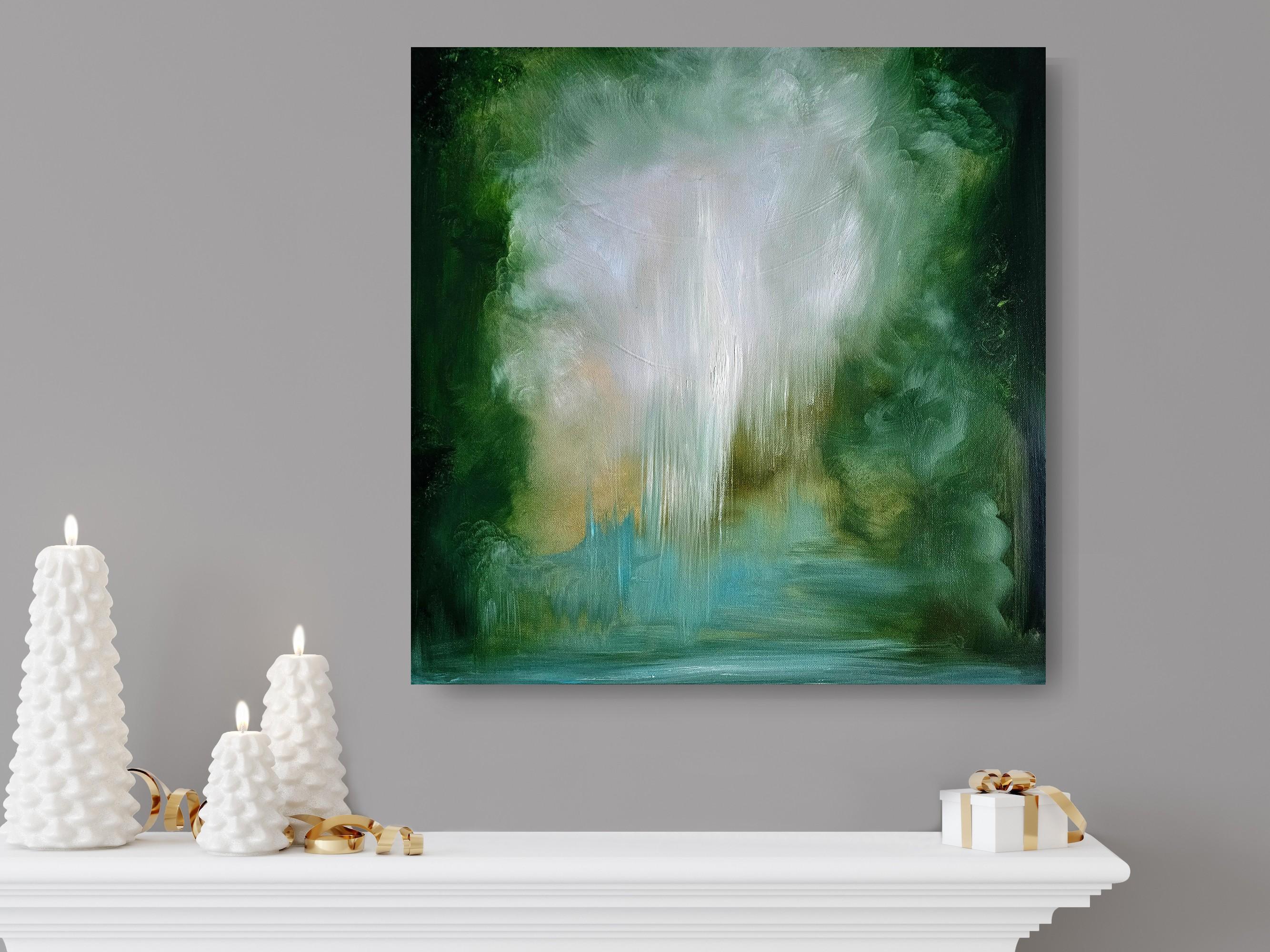 Donde pertenezco - Pintura verde vibrante paisaje abstracto río en venta 1