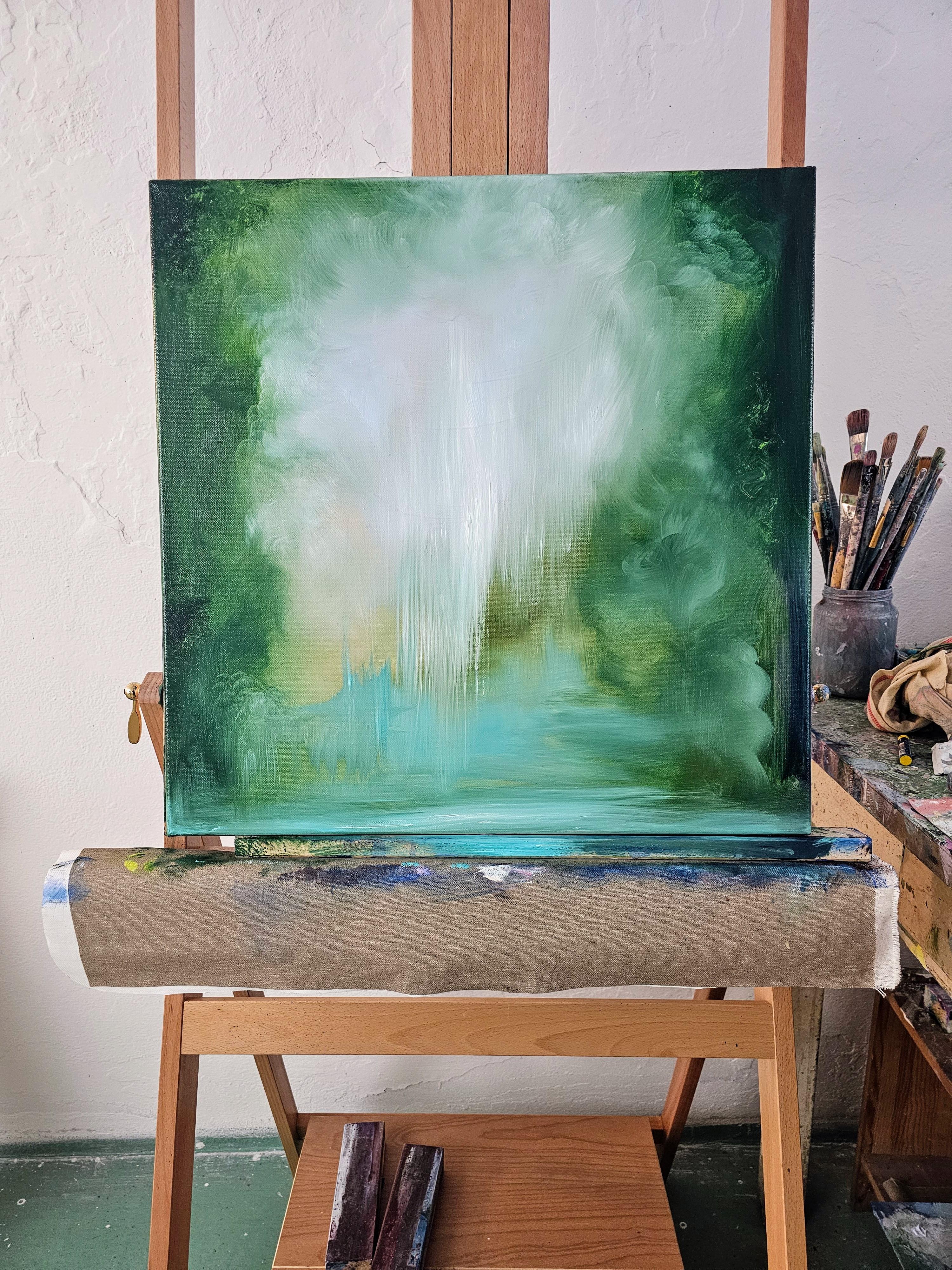 Donde pertenezco - Pintura verde vibrante paisaje abstracto río en venta 2