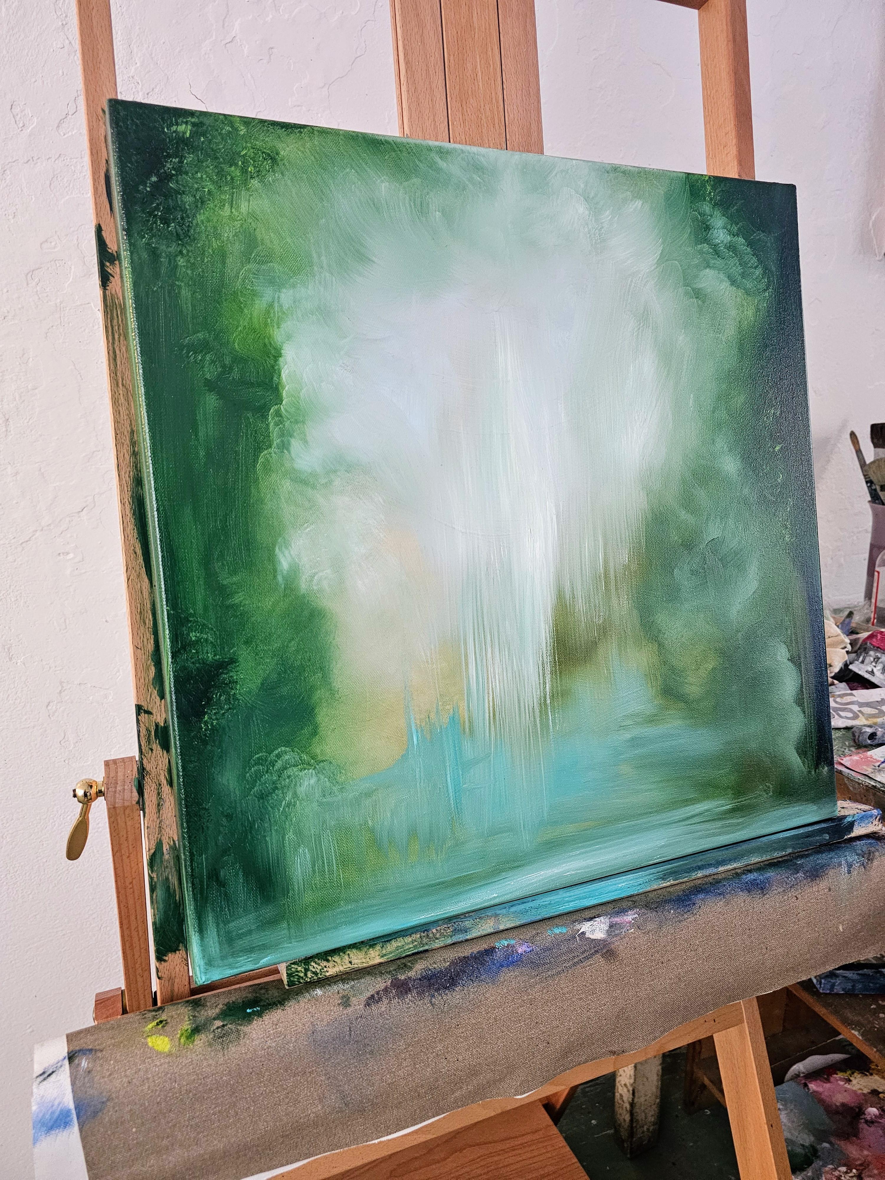 Donde pertenezco - Pintura verde vibrante paisaje abstracto río en venta 3