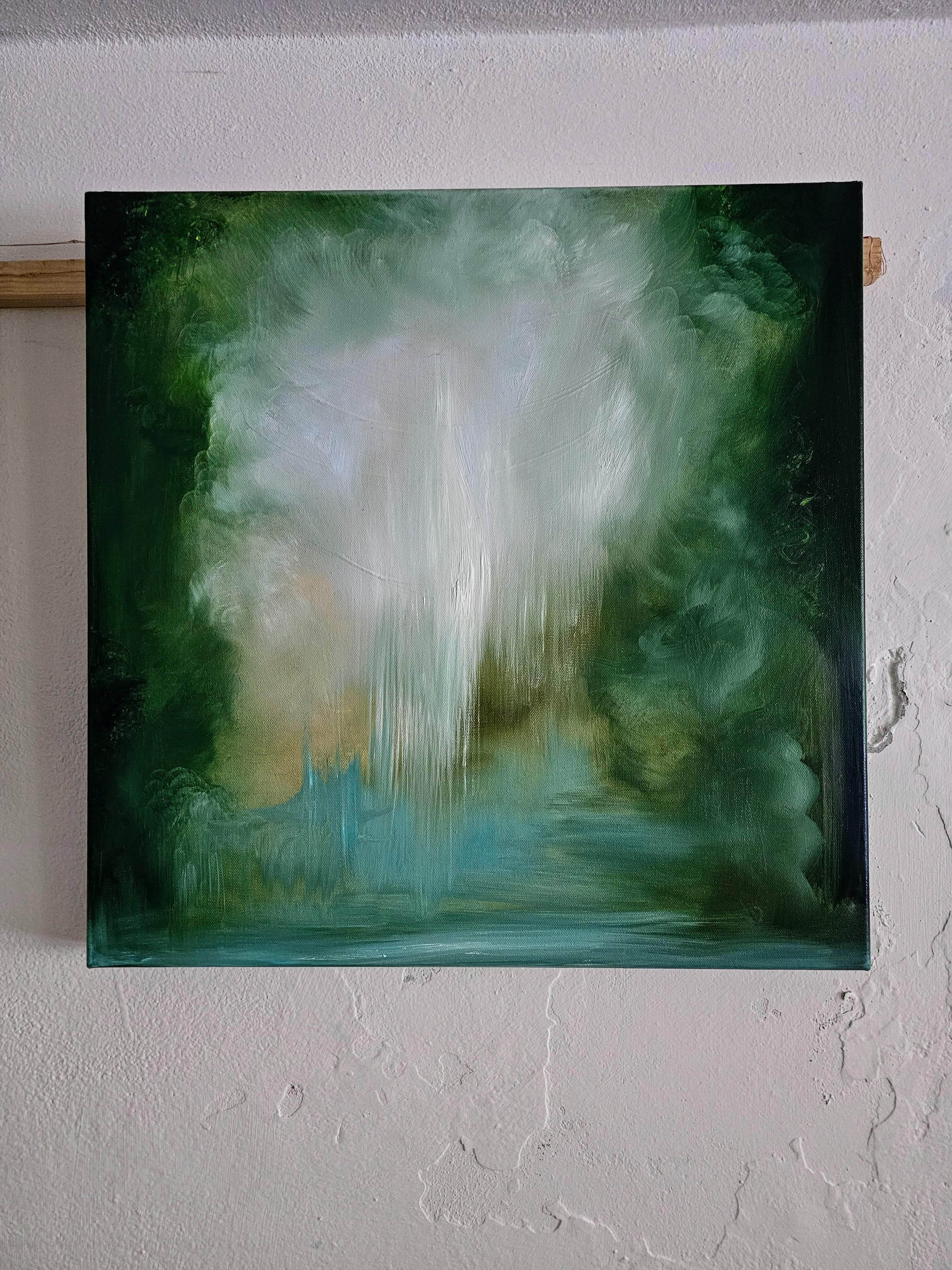 Donde pertenezco - Pintura verde vibrante paisaje abstracto río en venta 4