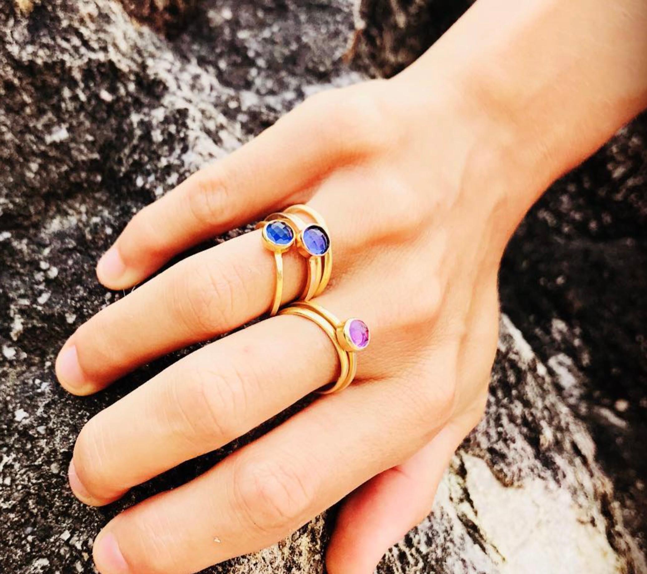 Contemporary Jennifer Liang 14 KT Gold Blue Tanzanite Stackable Gemstone Ring For Sale