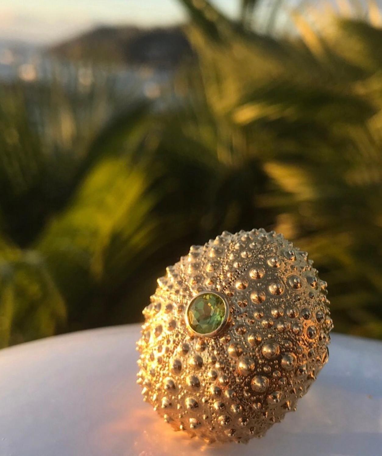 Contemporary Jennifer Liang 14 KT Gold Sea Urchin Gemstone Ring in Green Peridot For Sale