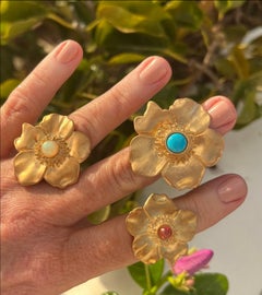 Jennifer Liang 14 KT Large Gold Camellia Gemstone Ring in Turquoise