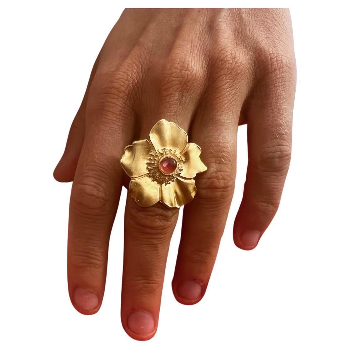 Jennifer Liang Small 14 KT Gold Camellia Gemstone Ring with Pink Tourmaline