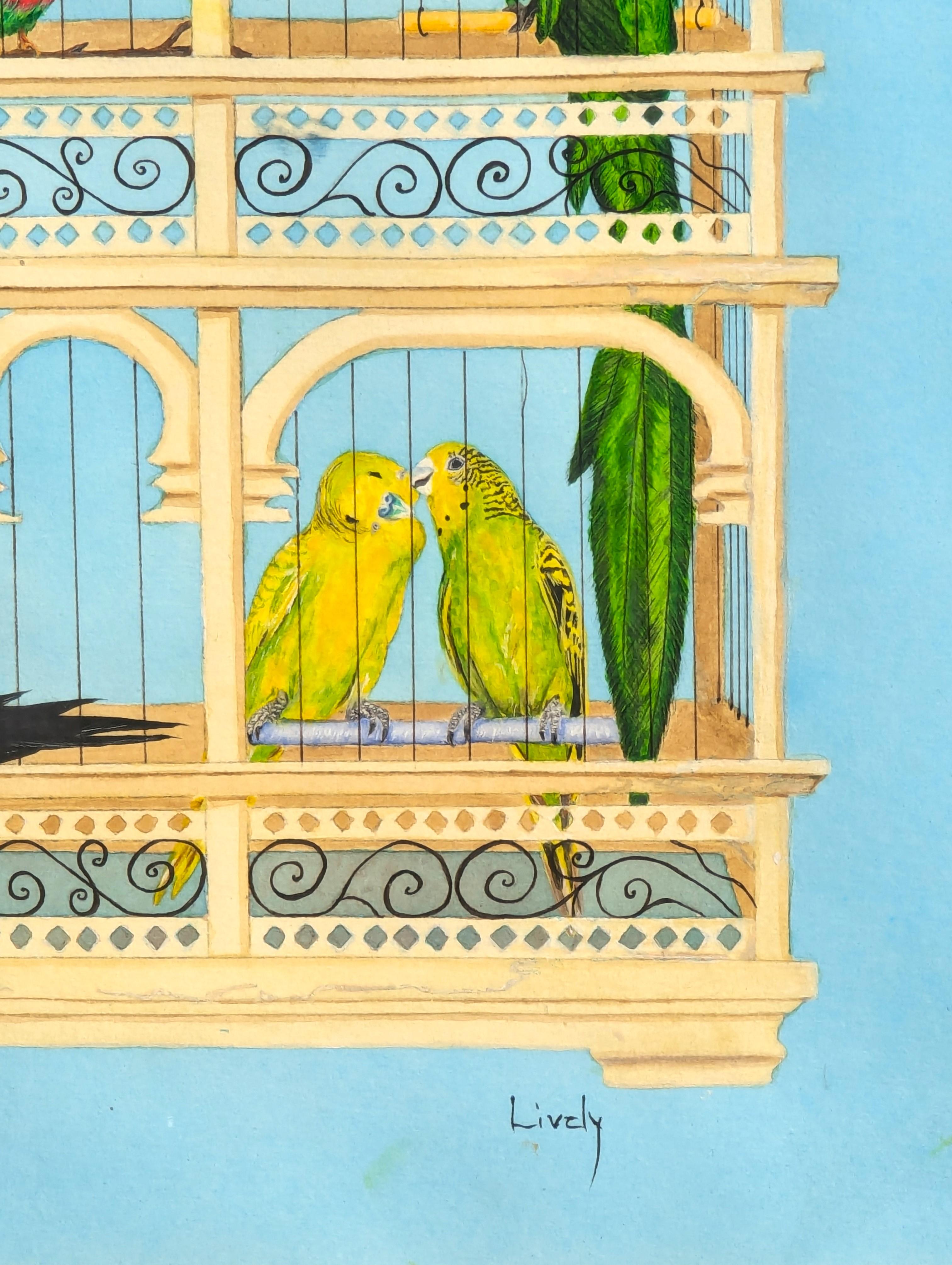 “Bird Cage” Contemporary Blue Toned Surreal Still Life Painting of Various Birds For Sale 7