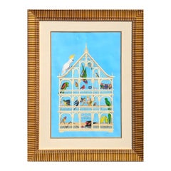 “Bird Cage” Contemporary Blue Toned Surreal Still Life Painting of Various Birds