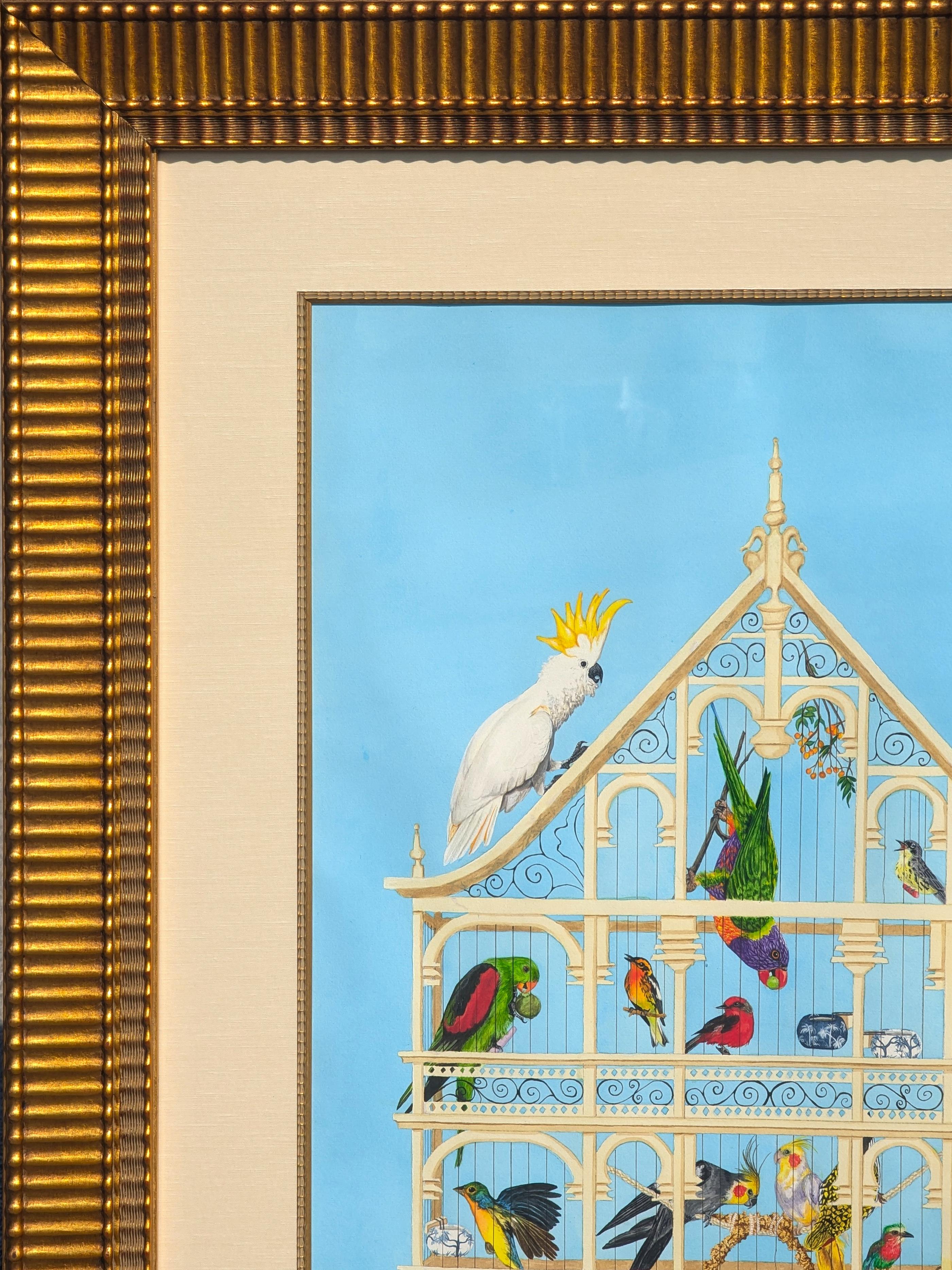 Contemporary naturalistic painting by Texas-based artist Jennifer Lively. The work features groups of various species of birds all in a single cage set against a light blue background. Signed in the front lower right corner. Currently hung in a gold
