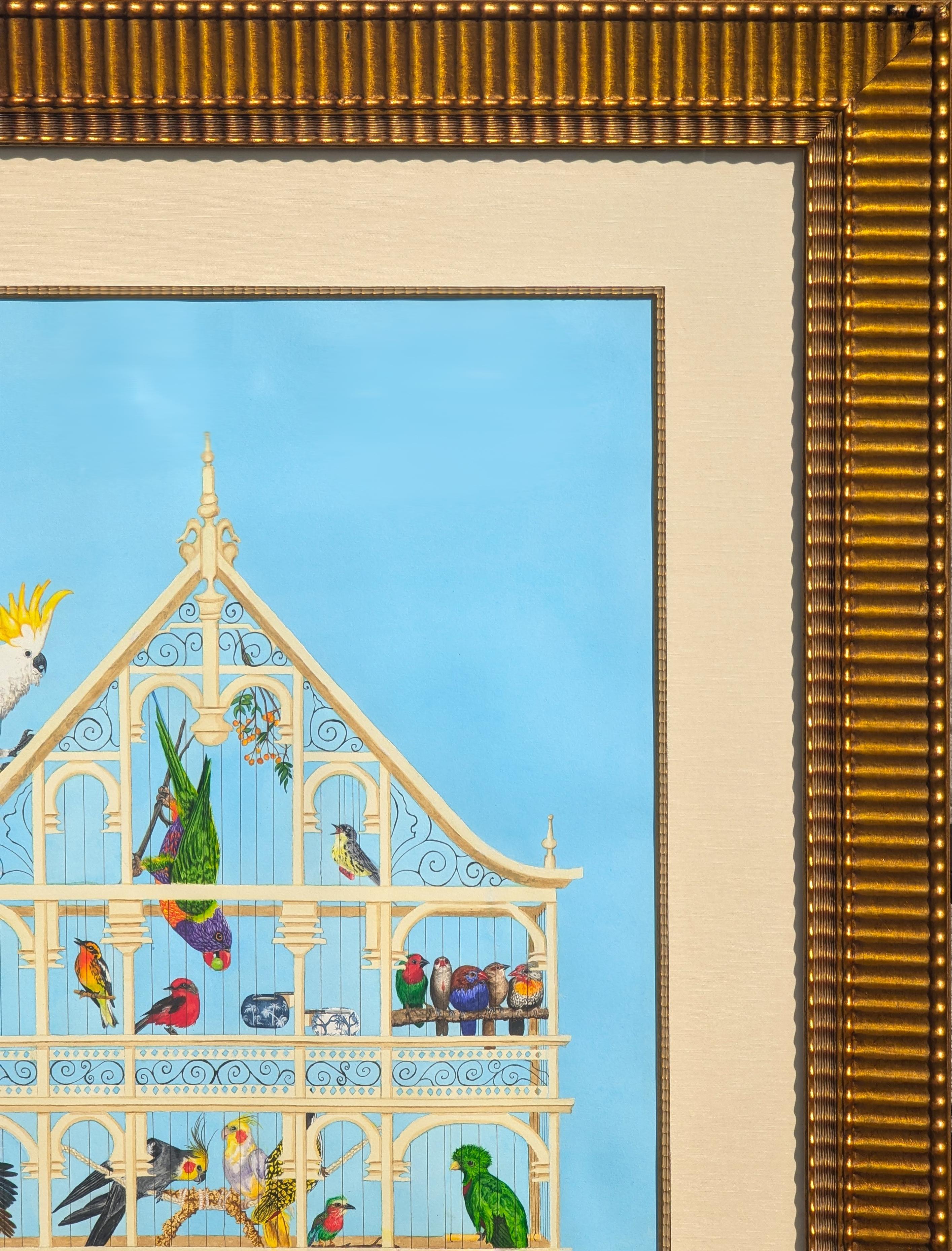 “Bird Cage” Contemporary Blue Toned Surreal Still Life Painting of Various Birds For Sale 1