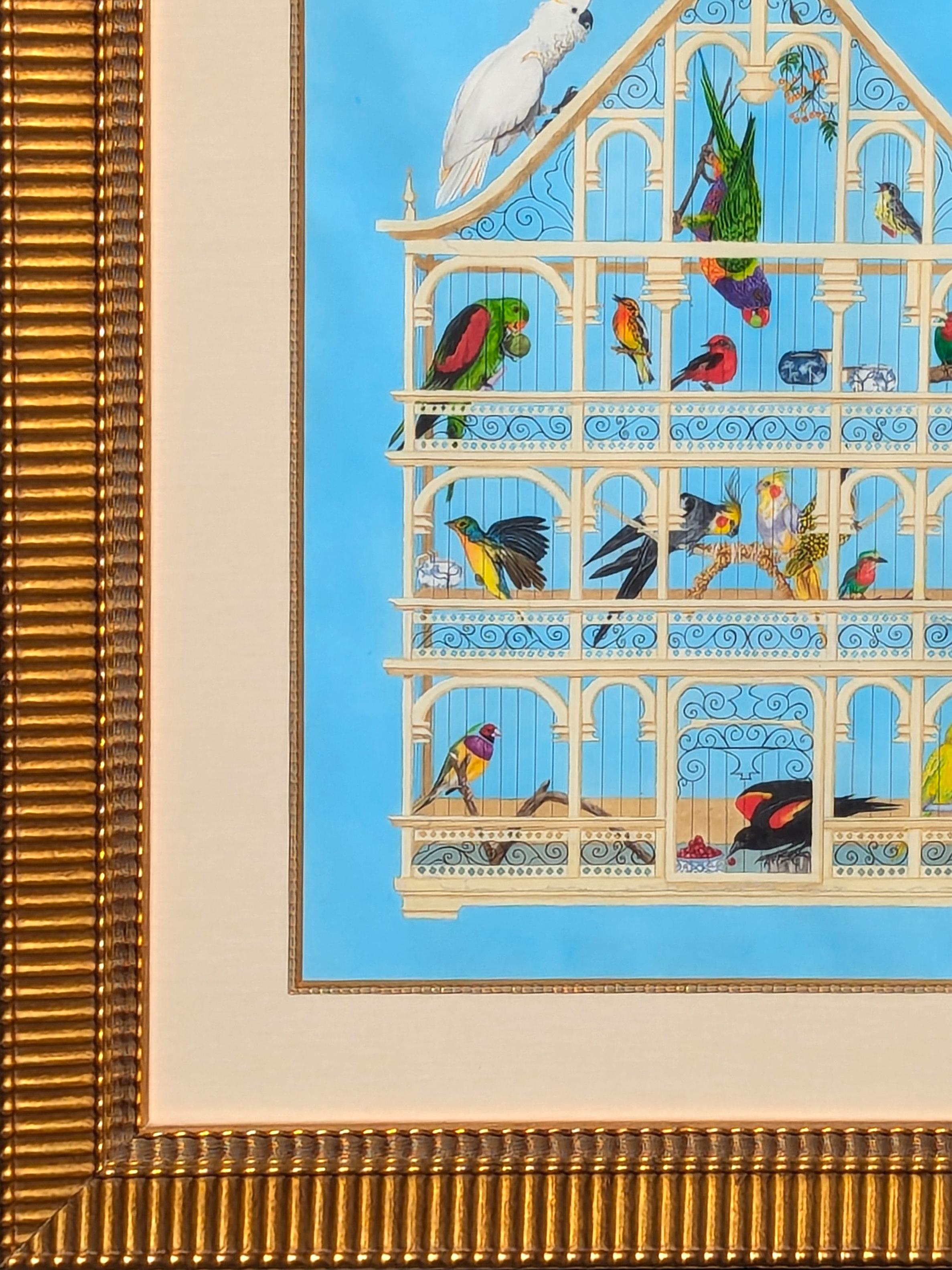 “Bird Cage” Contemporary Blue Toned Surreal Still Life Painting of Various Birds For Sale 3
