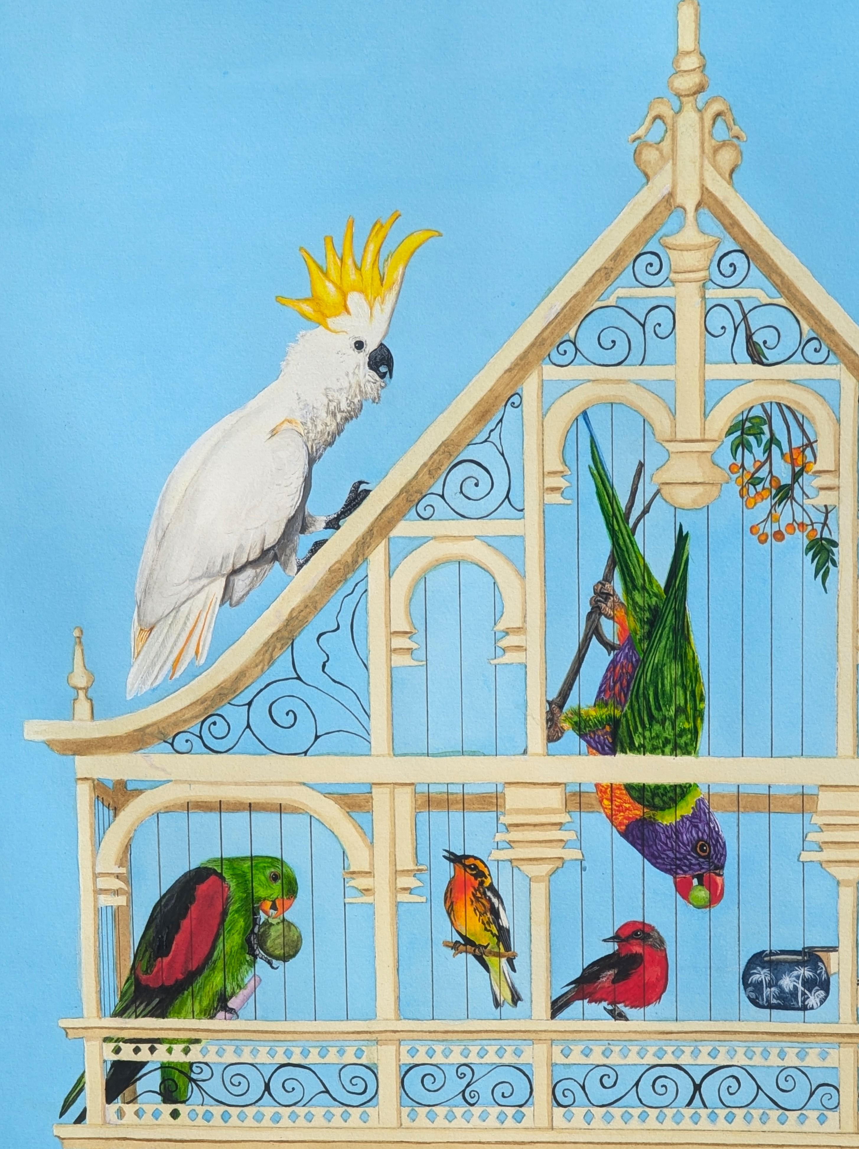 “Bird Cage” Contemporary Blue Toned Surreal Still Life Painting of Various Birds For Sale 4