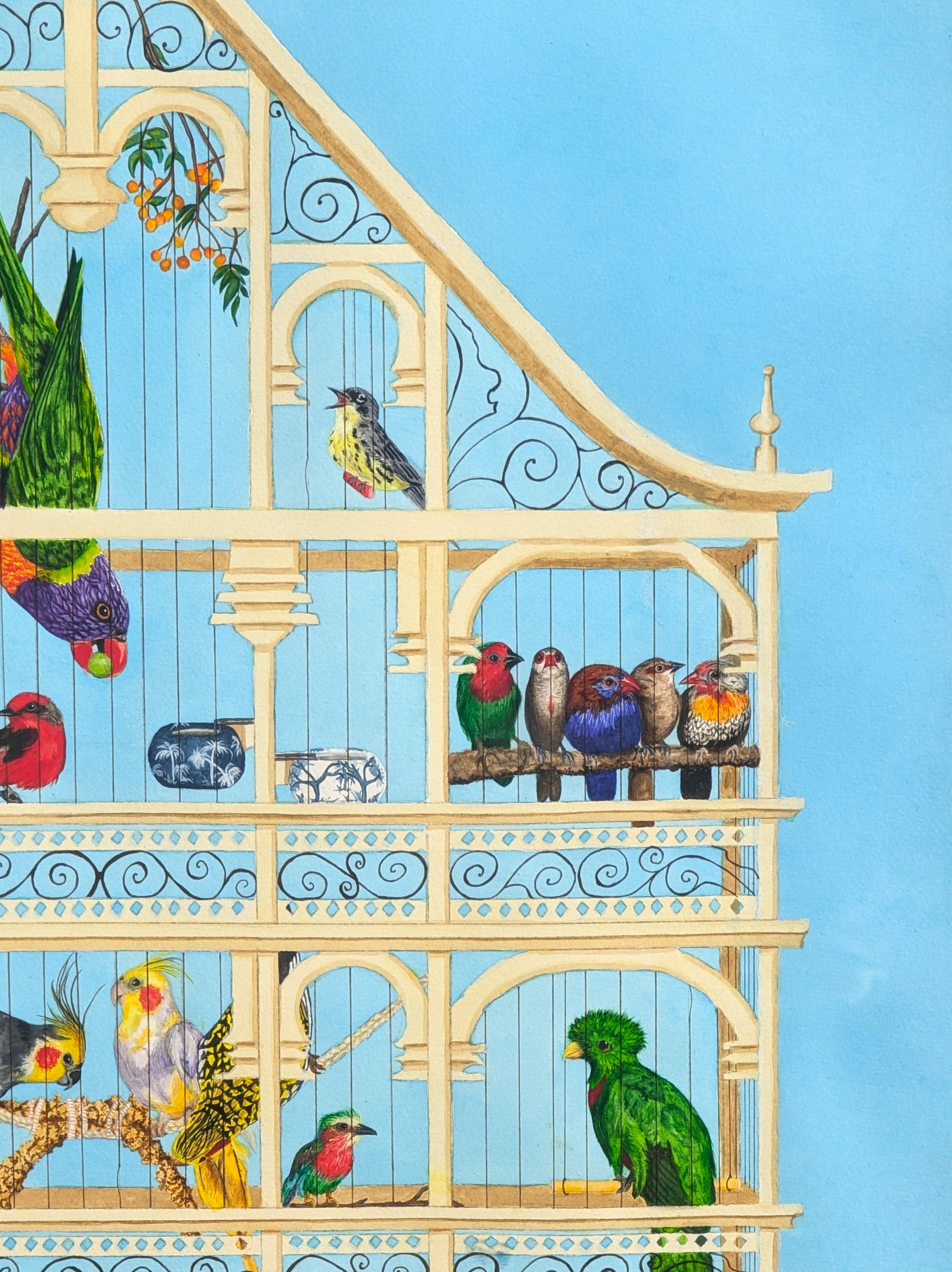 “Bird Cage” Contemporary Blue Toned Surreal Still Life Painting of Various Birds For Sale 5