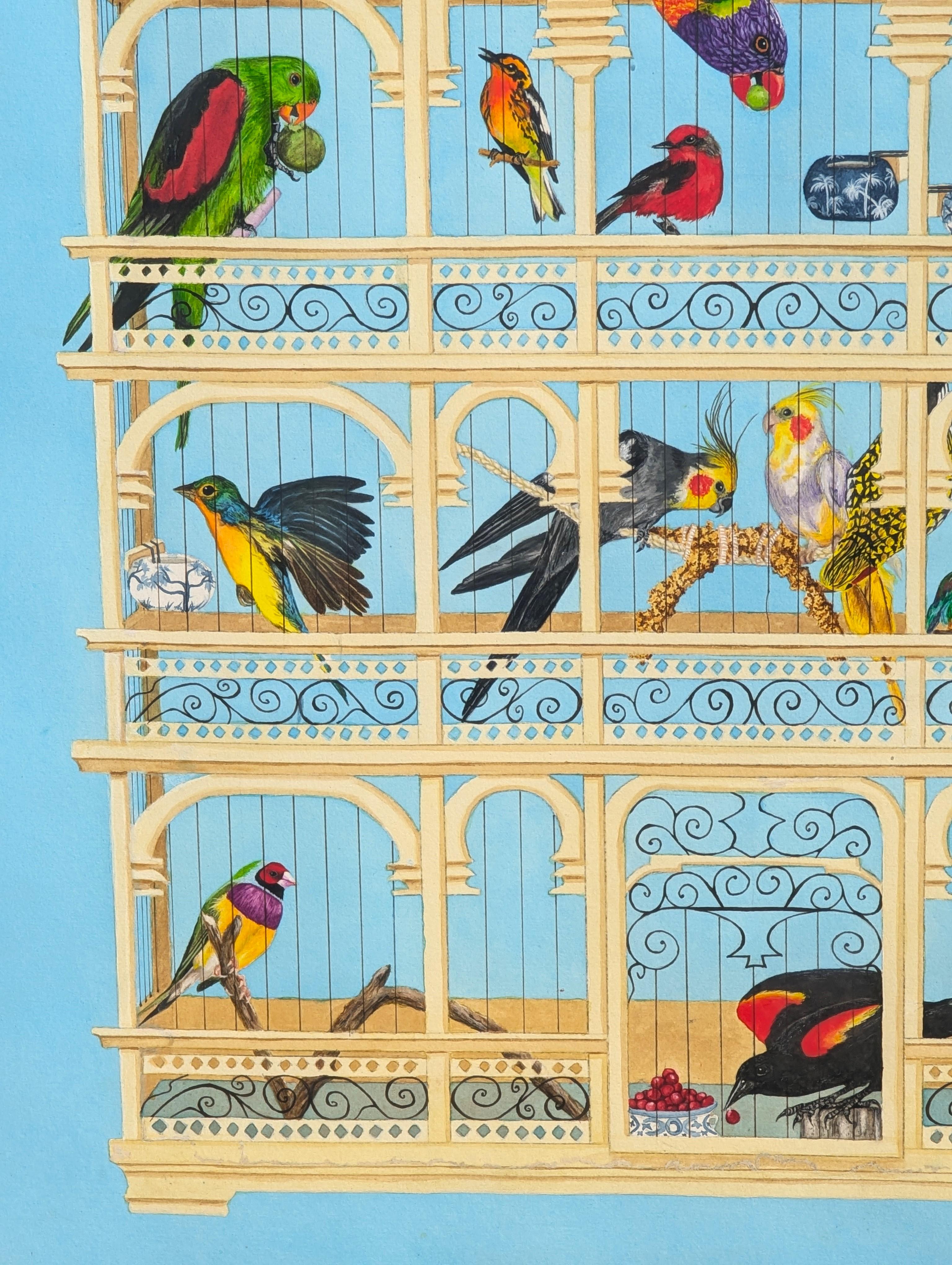 “Bird Cage” Contemporary Blue Toned Surreal Still Life Painting of Various Birds For Sale 6