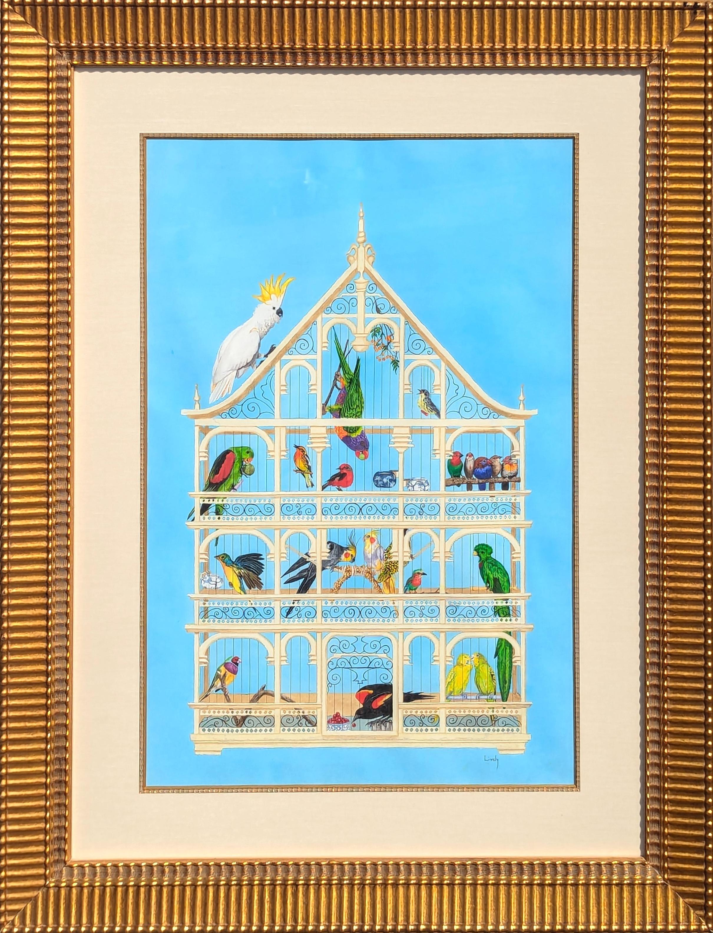 "Gabbia per uccelli" Quadro contemporaneo di natura morta surreale dai toni blu con vari uccelli