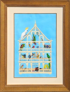 "Jaula de pájaros" Pintura contemporánea de naturaleza muerta surrealista en tonos azules de varios pájaros