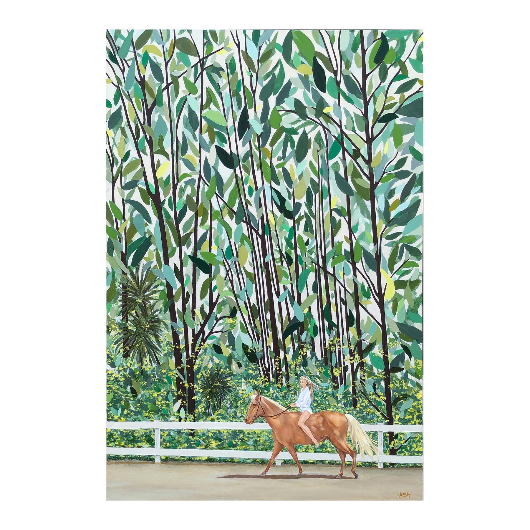 “Forest Ride” Contemporary Horse Riding Figure Through Green Foliage - Painting by Jennifer Lively