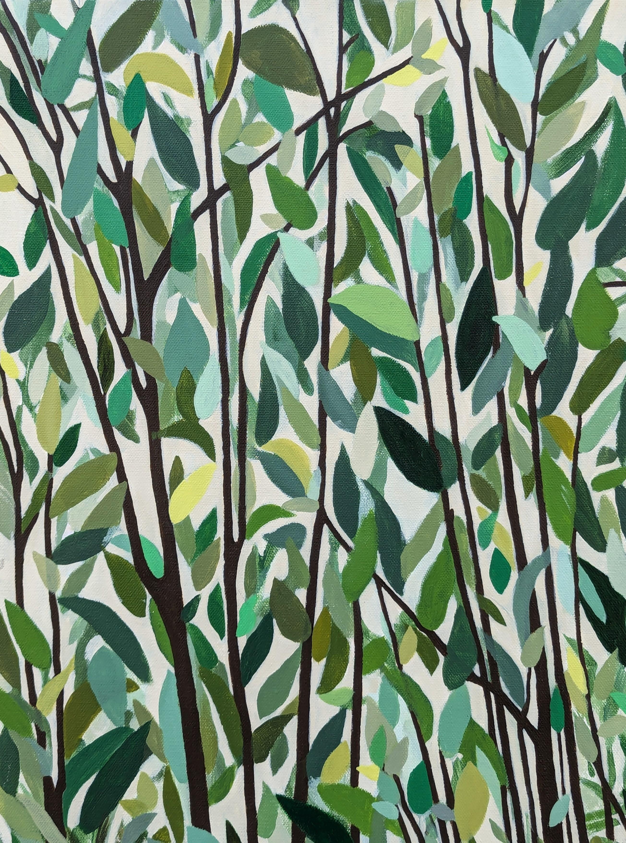 “Forest Ride” Contemporary Horse Riding Figure Through Green Foliage - Gray Landscape Painting by Jennifer Lively