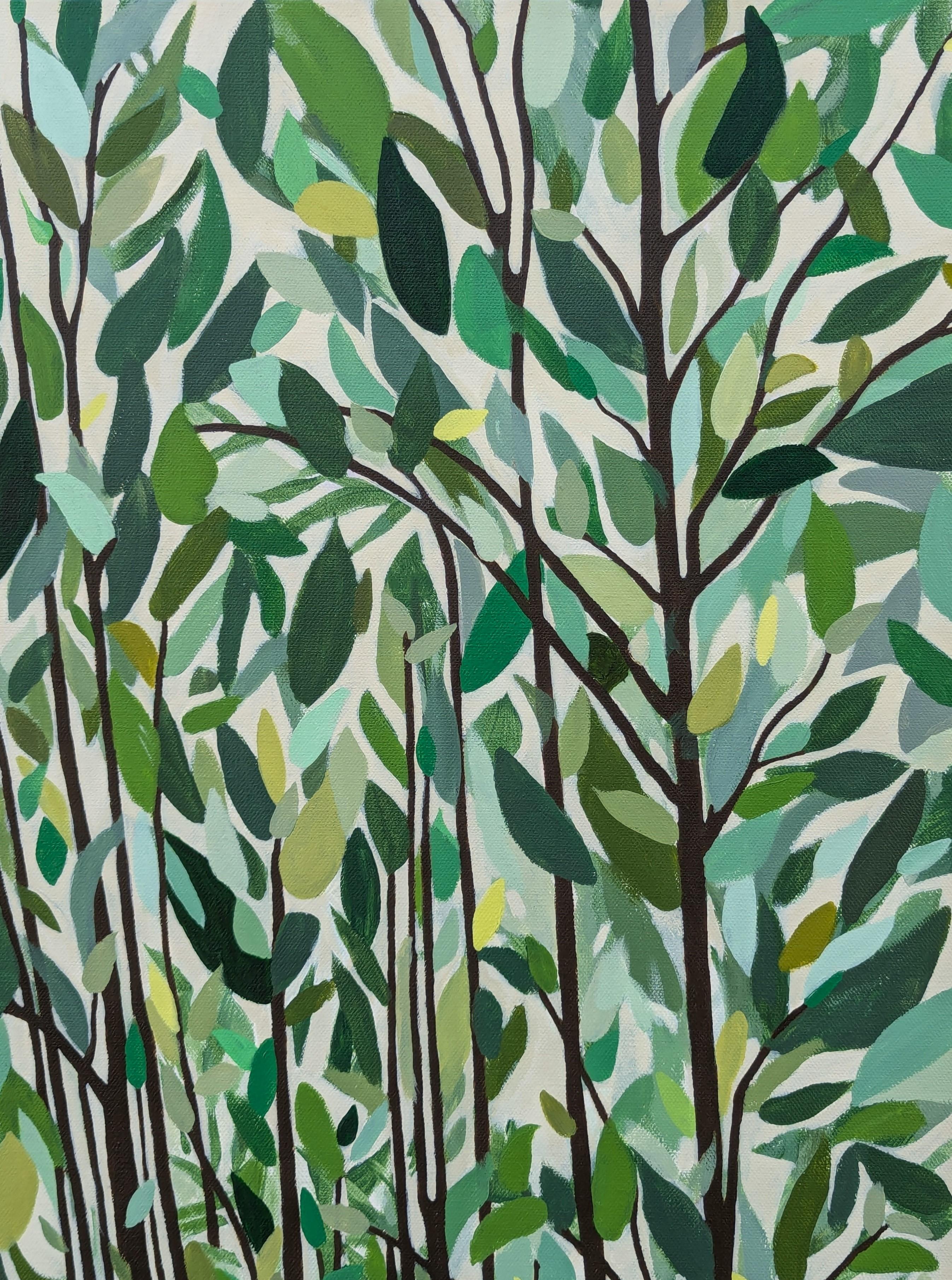 Contemporary naturalistic painting by Texas-based artist Jennifer Lively. The work features a woman riding a horse bareback set against a lush grove of trees and foliage. Signed in the front lower right corner. Currently unframed, but options are