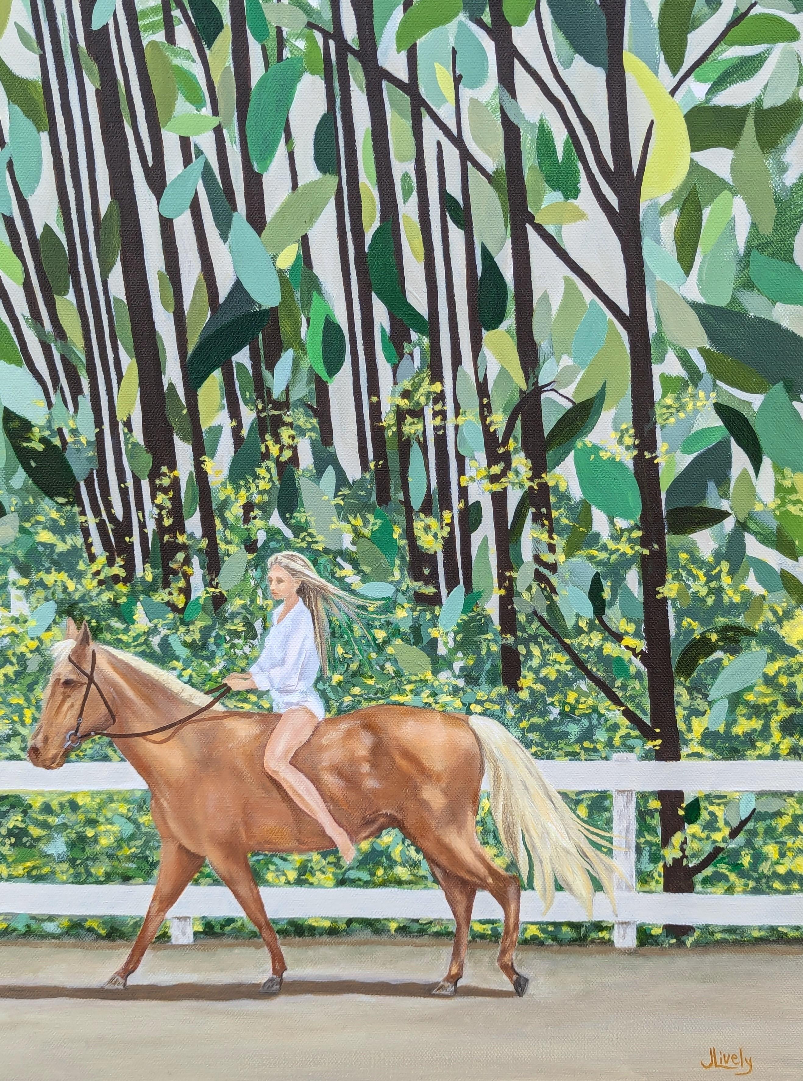 “Forest Ride” Contemporary Horse Riding Figure Through Green Foliage For Sale 1