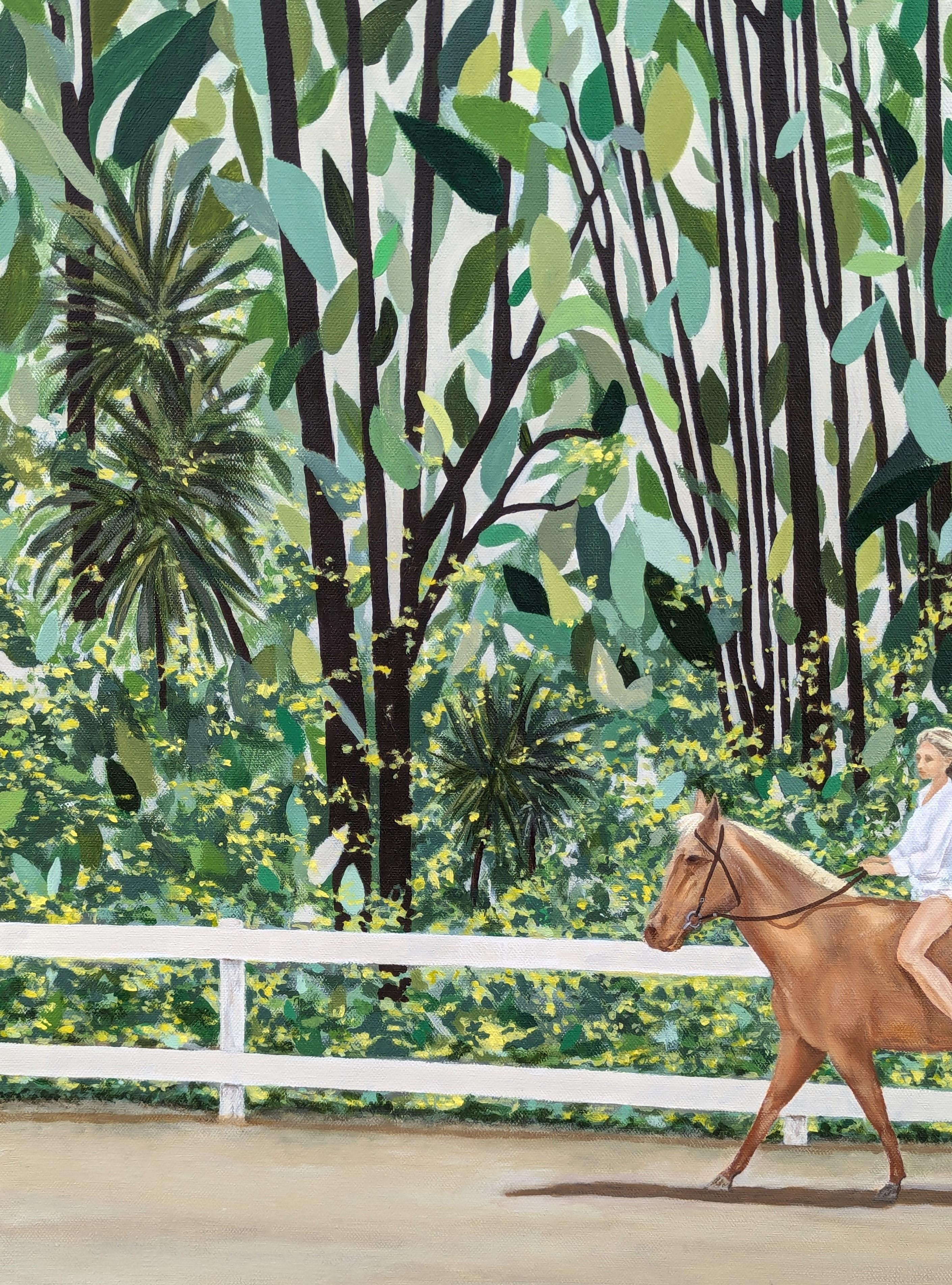 “Forest Ride” Contemporary Horse Riding Figure Through Green Foliage For Sale 2