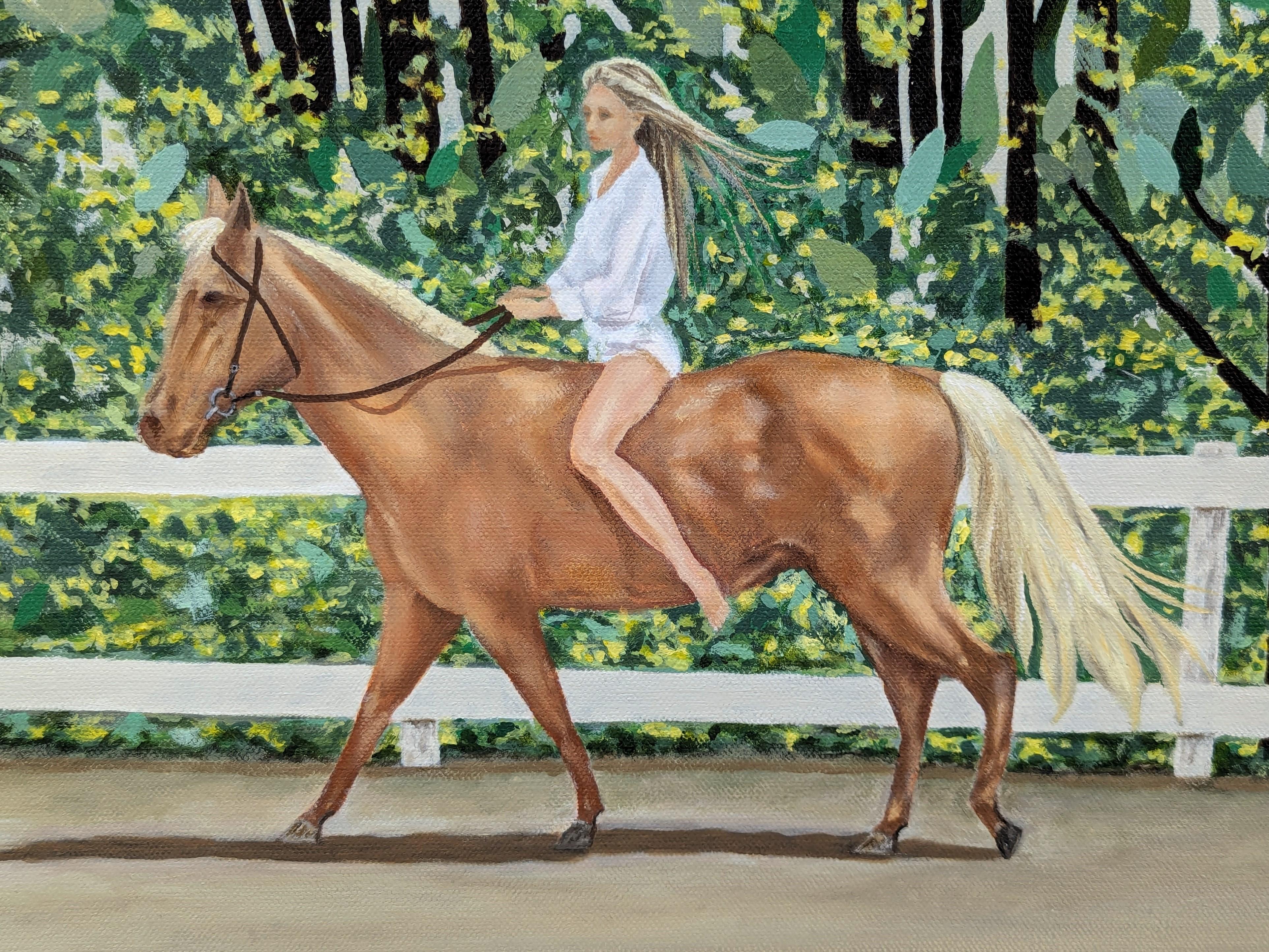 “Forest Ride” Contemporary Horse Riding Figure Through Green Foliage For Sale 4