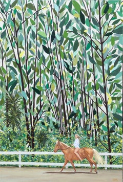 "Paseo por el bosque" Figura contemporánea a caballo a través del verde follaje