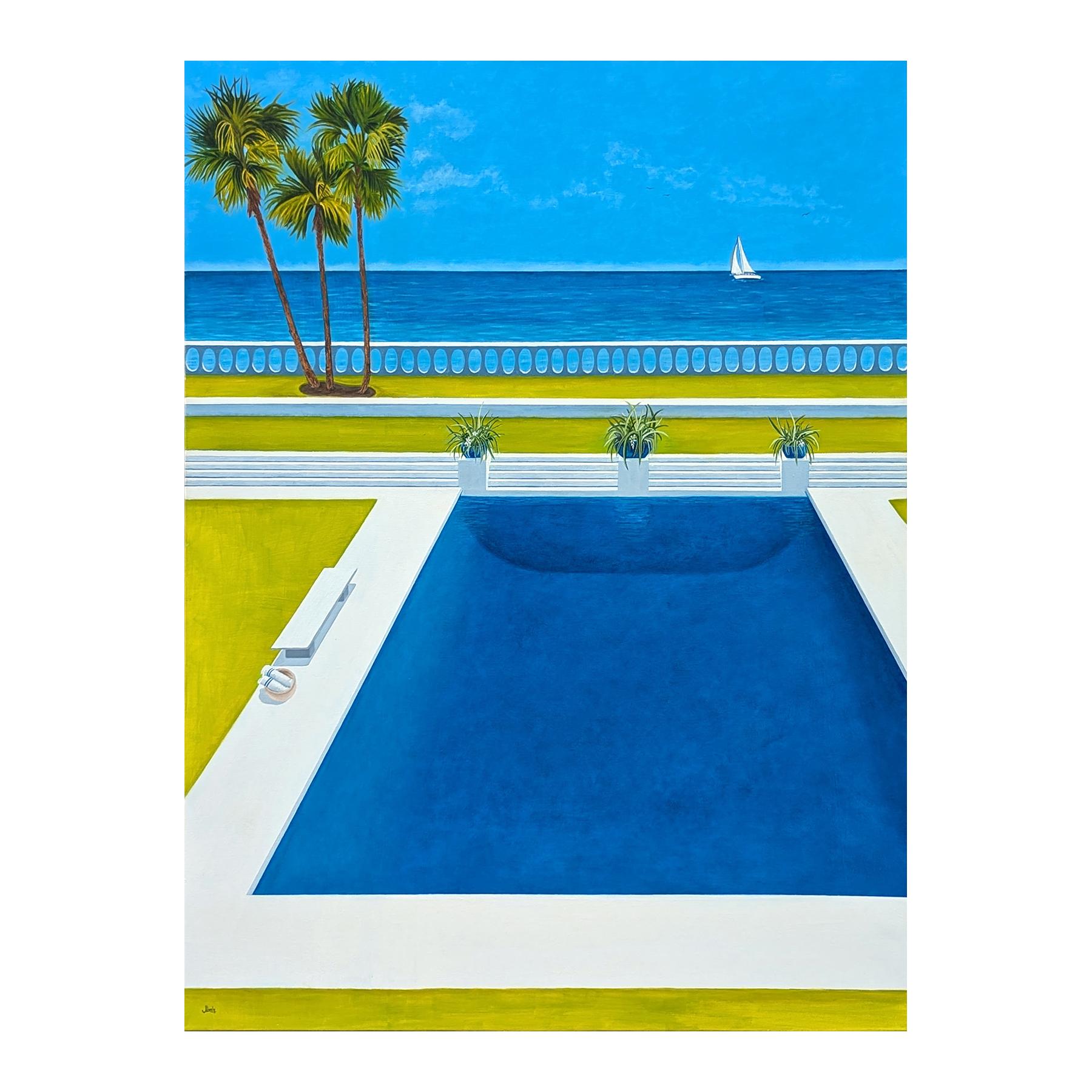 Pool Days Peinture contemporaine de paysage tropical aux tons bleus et verts - Painting de Jennifer Lively