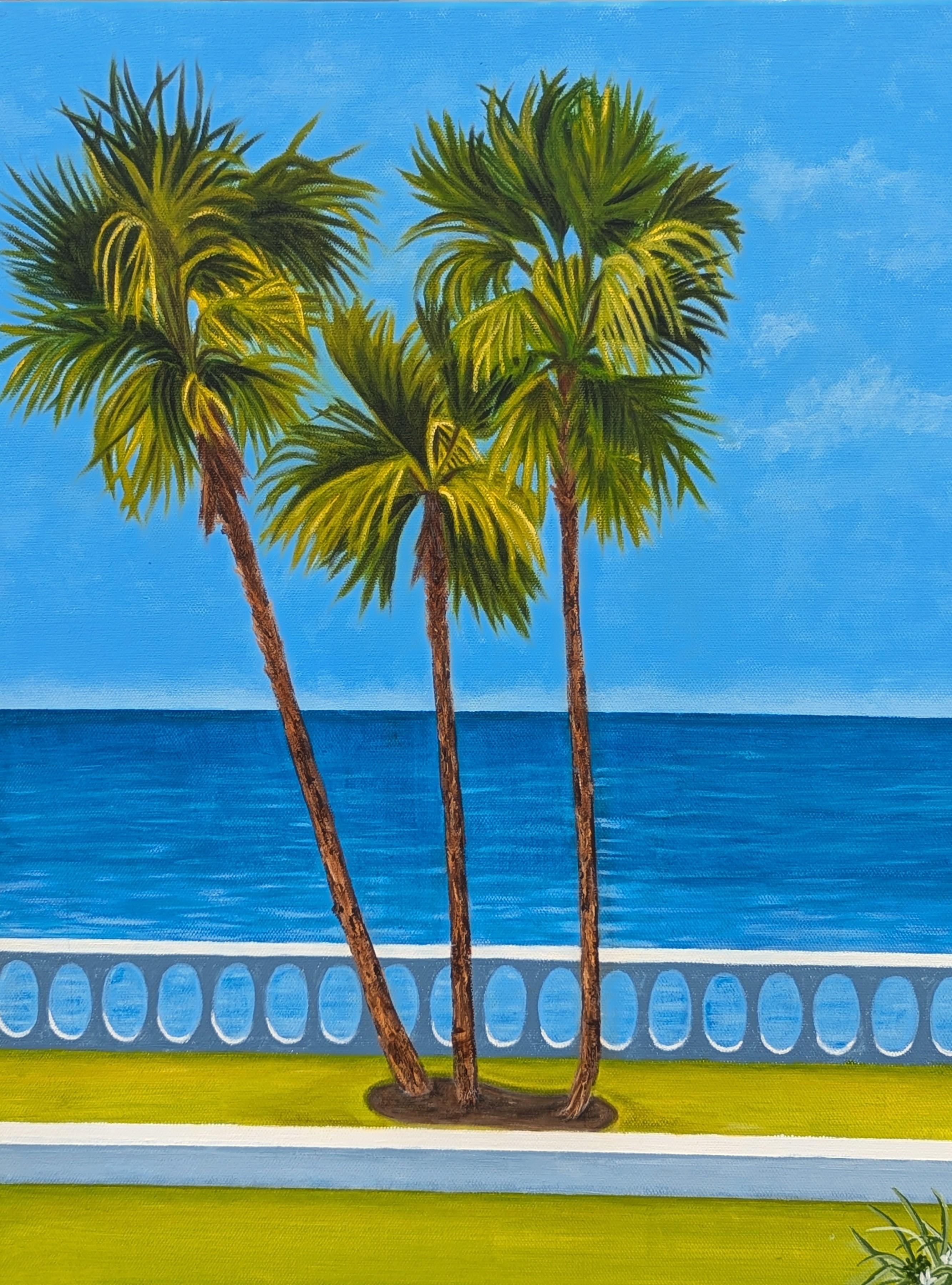 Pool Days Peinture contemporaine de paysage tropical aux tons bleus et verts - Contemporain Painting par Jennifer Lively