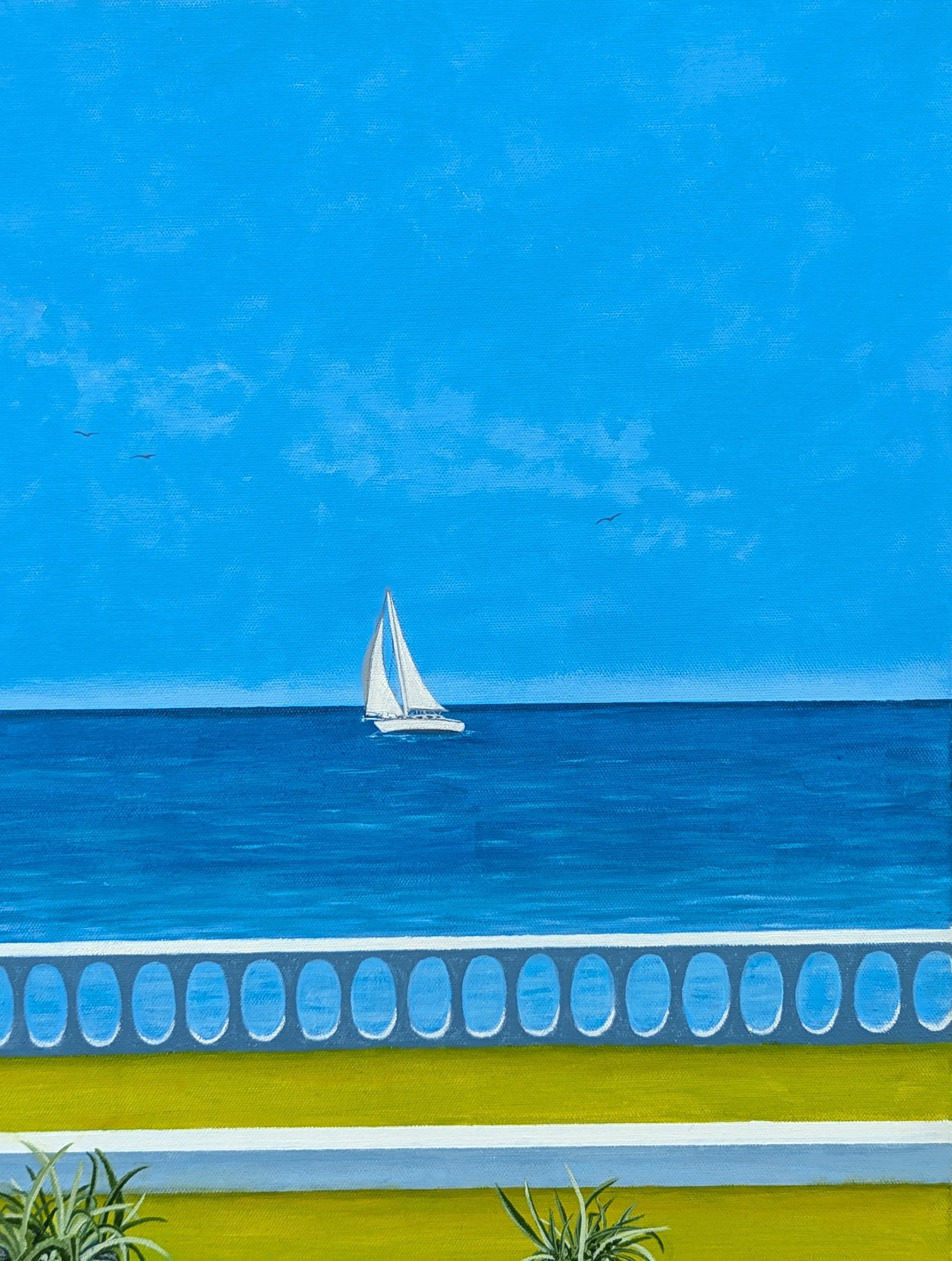 Pool Days Peinture contemporaine de paysage tropical aux tons bleus et verts - Bleu Landscape Painting par Jennifer Lively