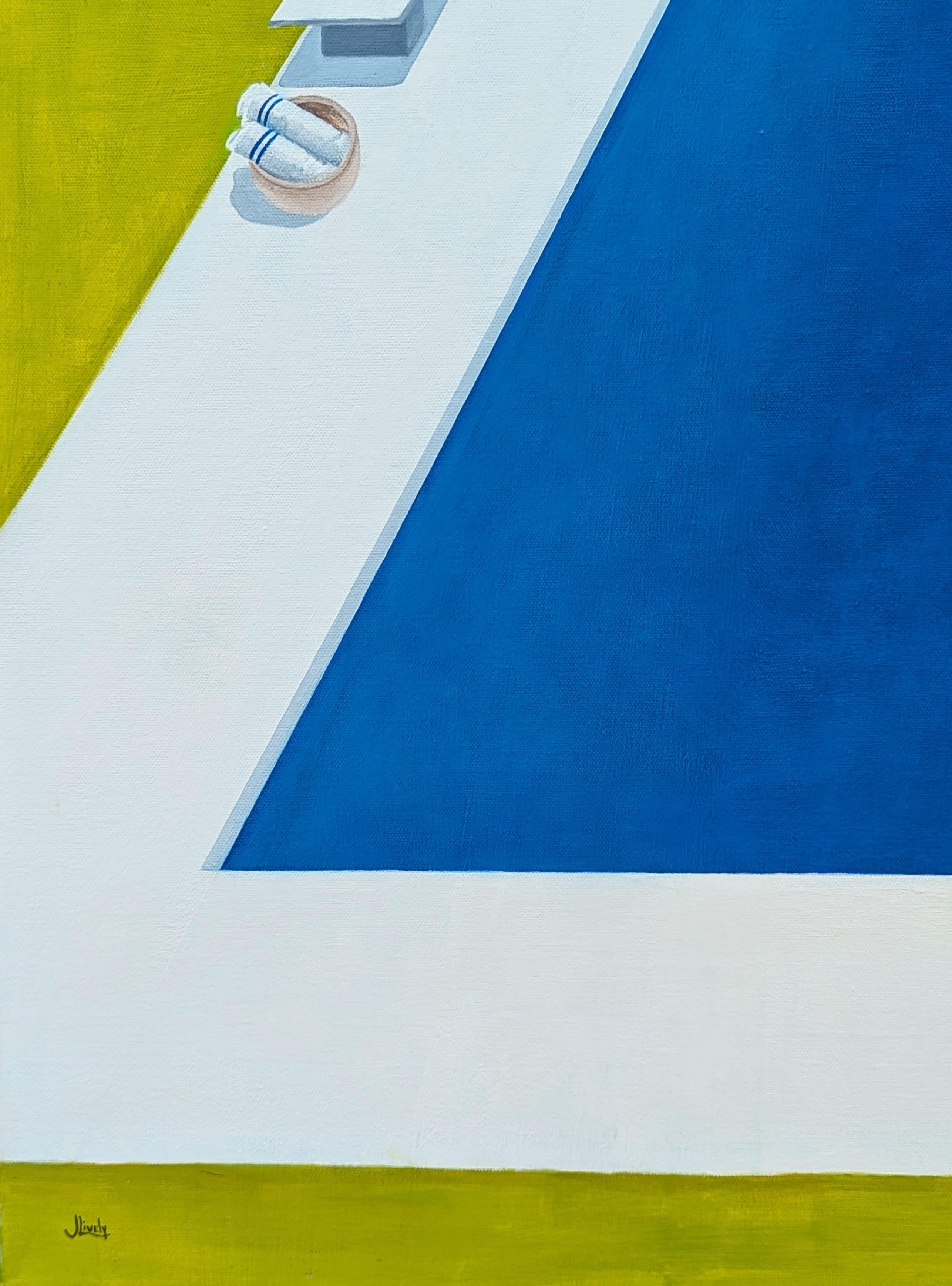 Pool Days Peinture contemporaine de paysage tropical aux tons bleus et verts en vente 1