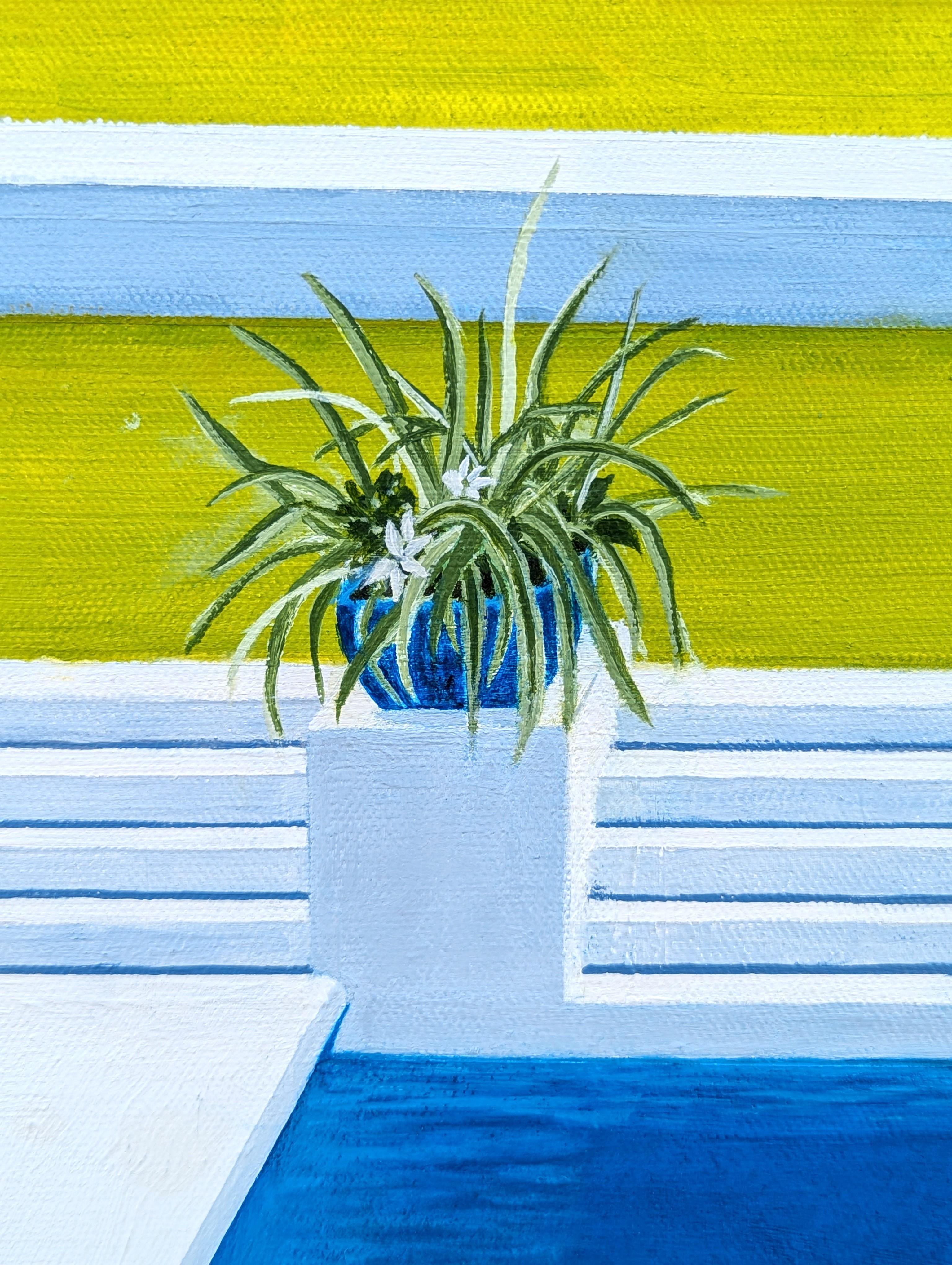 Pool Days Peinture contemporaine de paysage tropical aux tons bleus et verts en vente 4