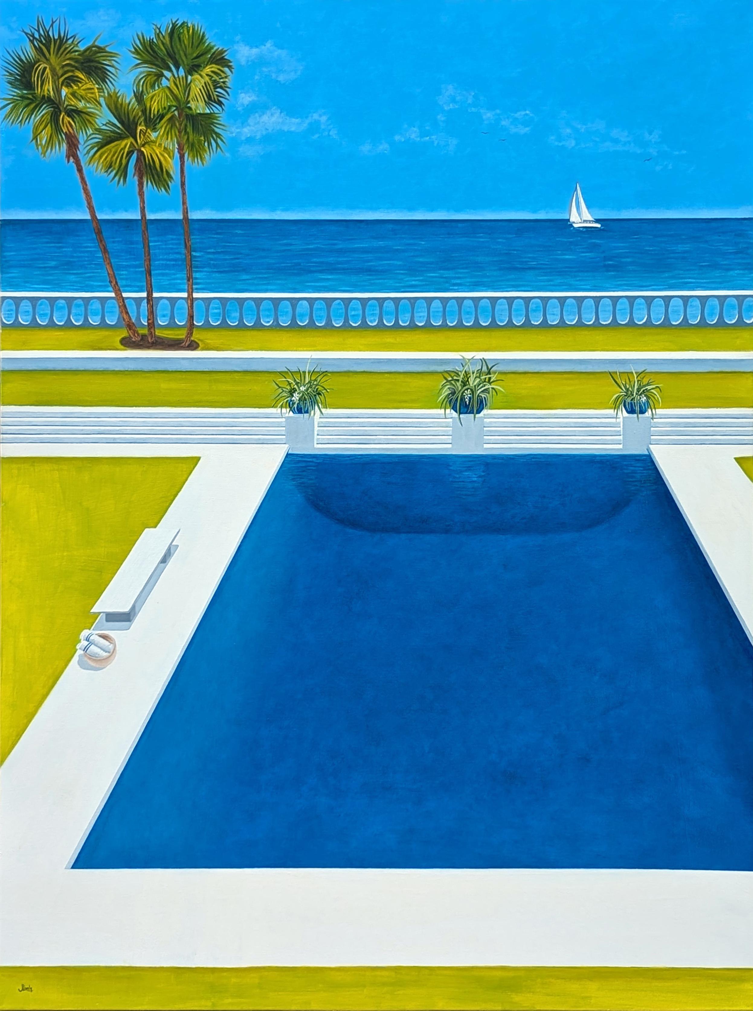 Landscape Painting Jennifer Lively - Pool Days Peinture contemporaine de paysage tropical aux tons bleus et verts