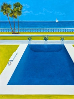 Pool Days Peinture contemporaine de paysage tropical aux tons bleus et verts