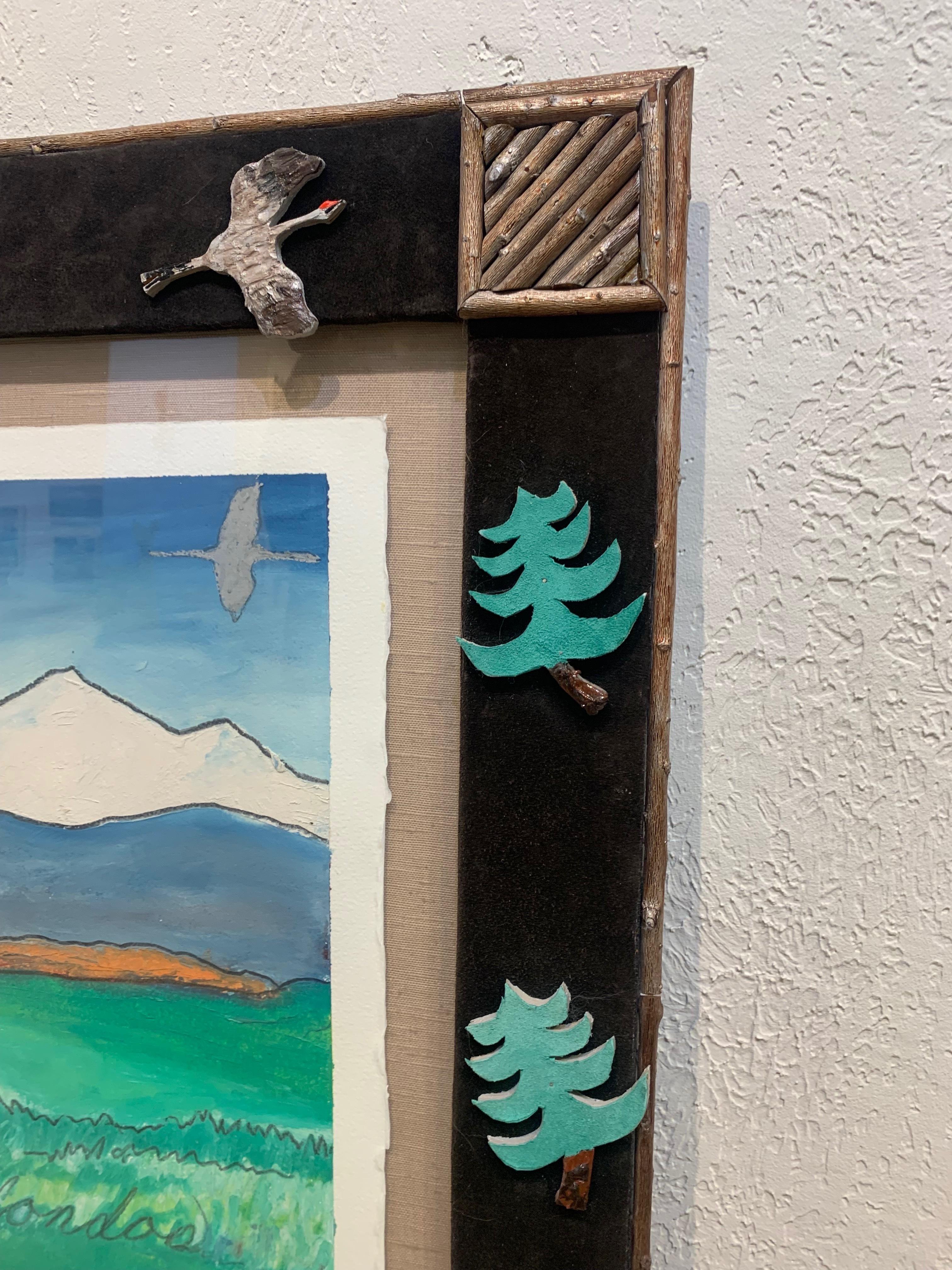 This is a painting on paper, using cattlemarkers, with a unique, handmade frame by a local Bozeman crafter. Jennifer Lowe has combined the landscapes, animals and the people of her native Montana with a unique approach to painting.

Born in