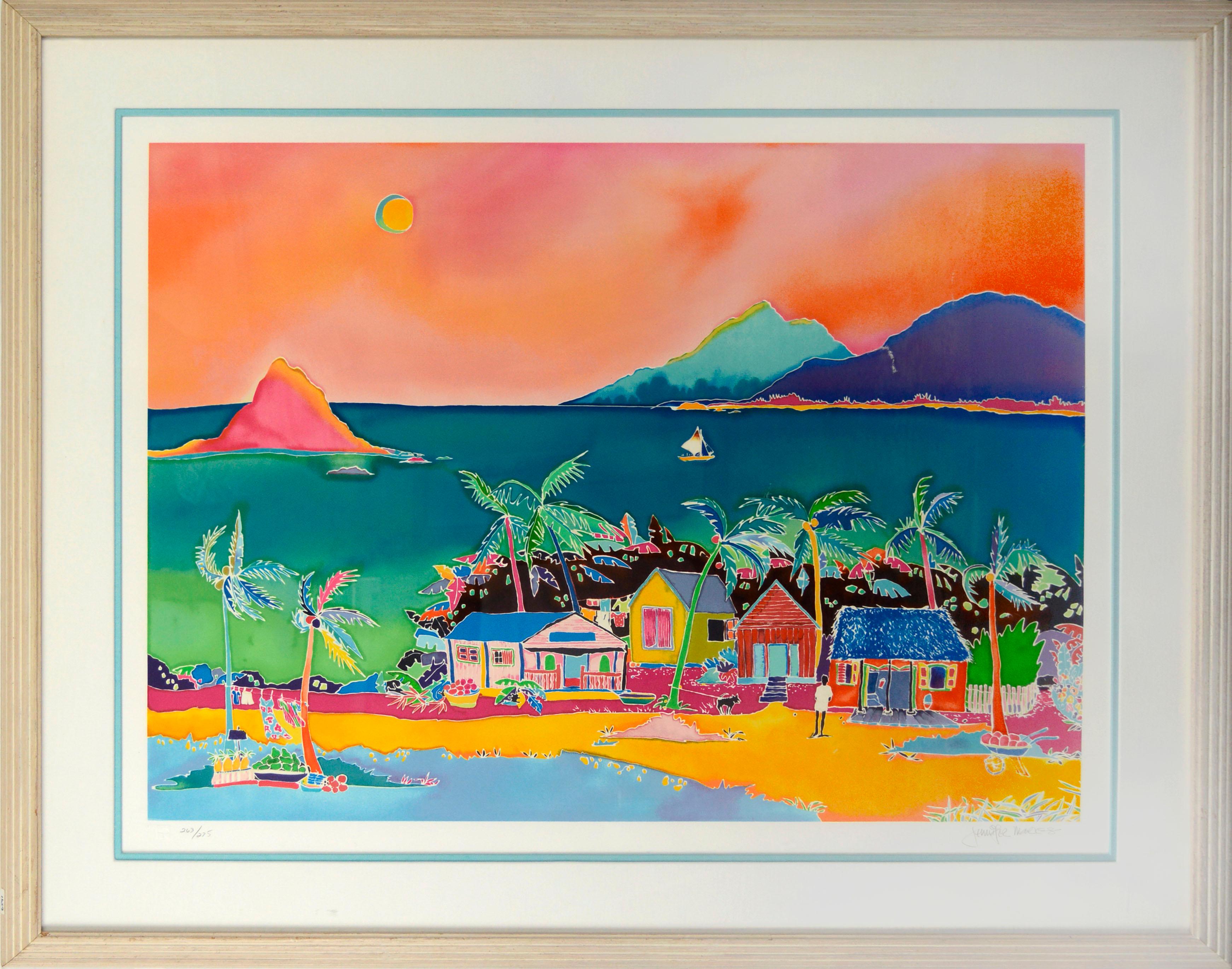Jennifer Markes Figurative Print - "Coconut Bay", Limited Edition Tropical Island Beach Town Figurative Landscape