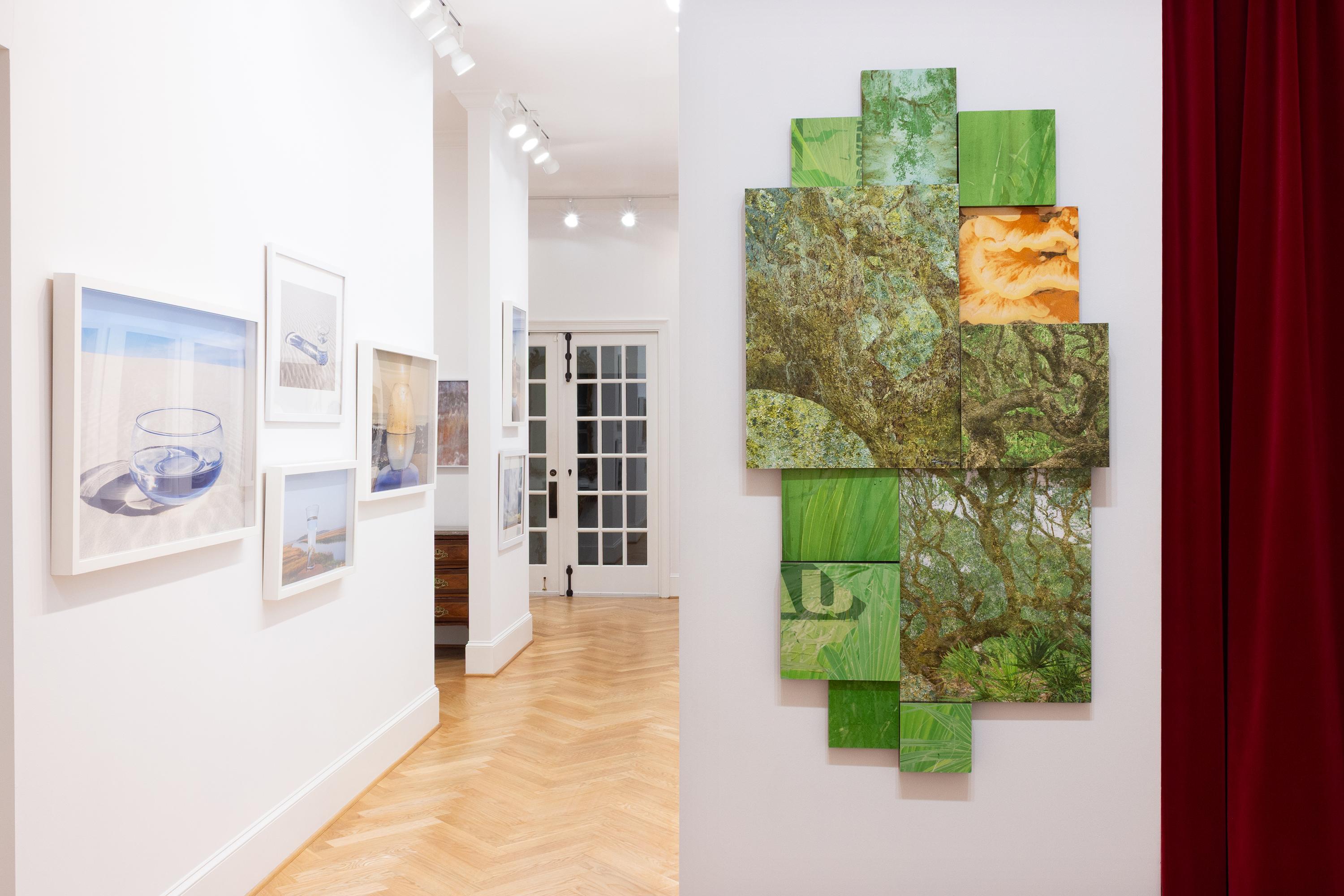 This textured composite landscape features green, orange and blue. The archival pigment print photographs are mounted to panels.

Jennifer McKinnon Richman is an Atlanta-based photographic artist who creates composite abstract landscape photographs