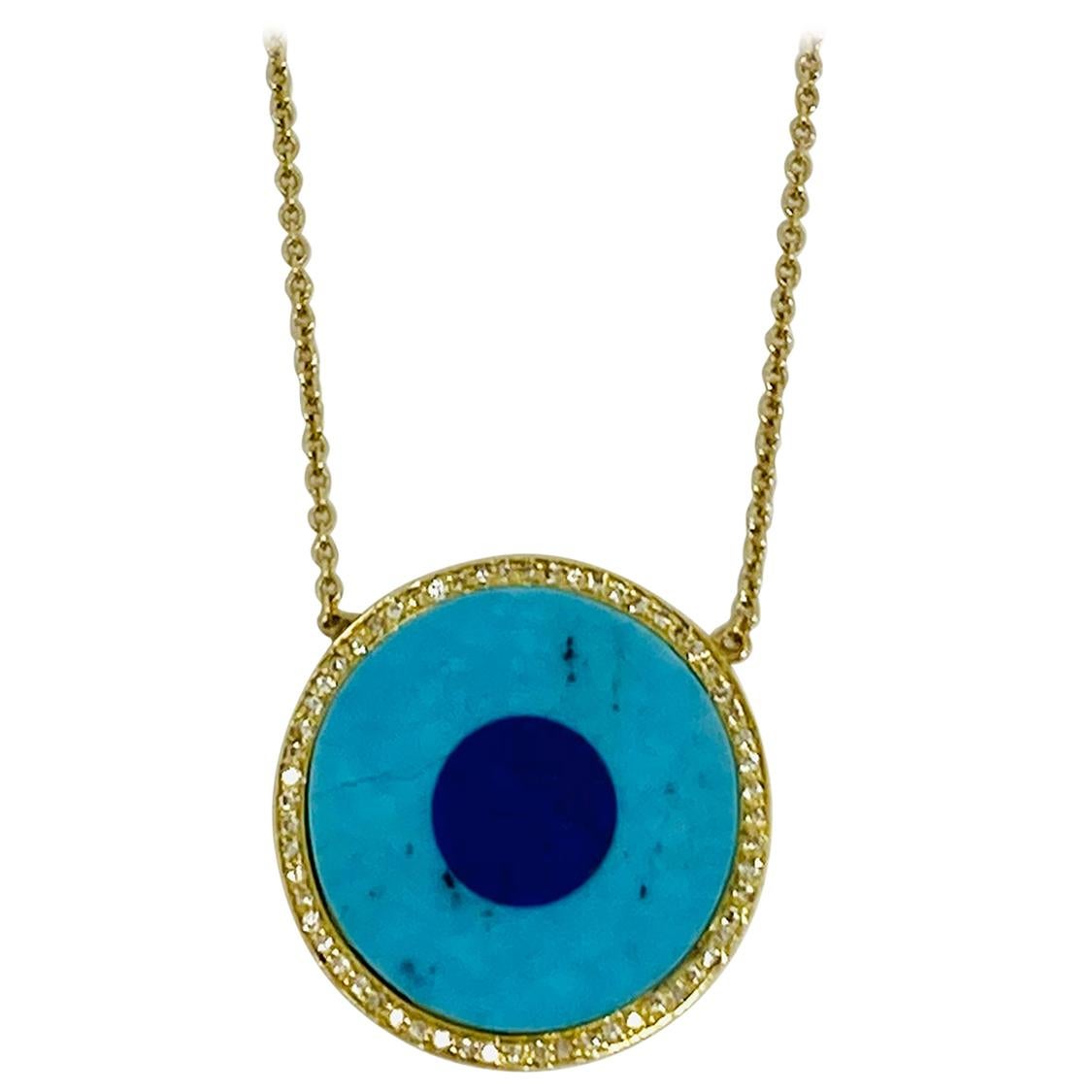 Jennifer Meyer Yellow Gold Turquoise Inlay and Diamond Evil Eye Necklace 