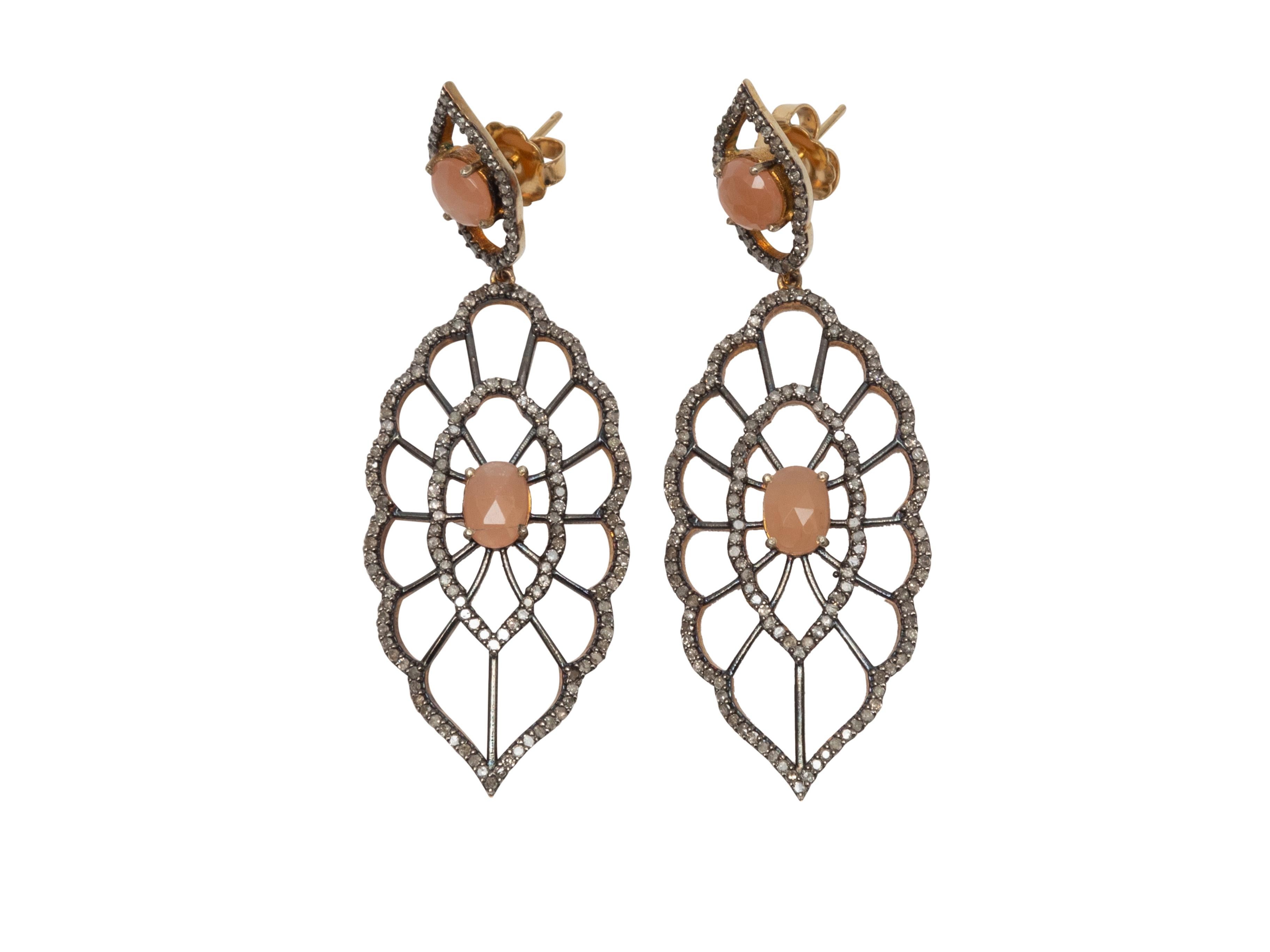 Product Details: Coral gemstone and pave diamond pierced dangly earrings by Jennifer Miller. 1